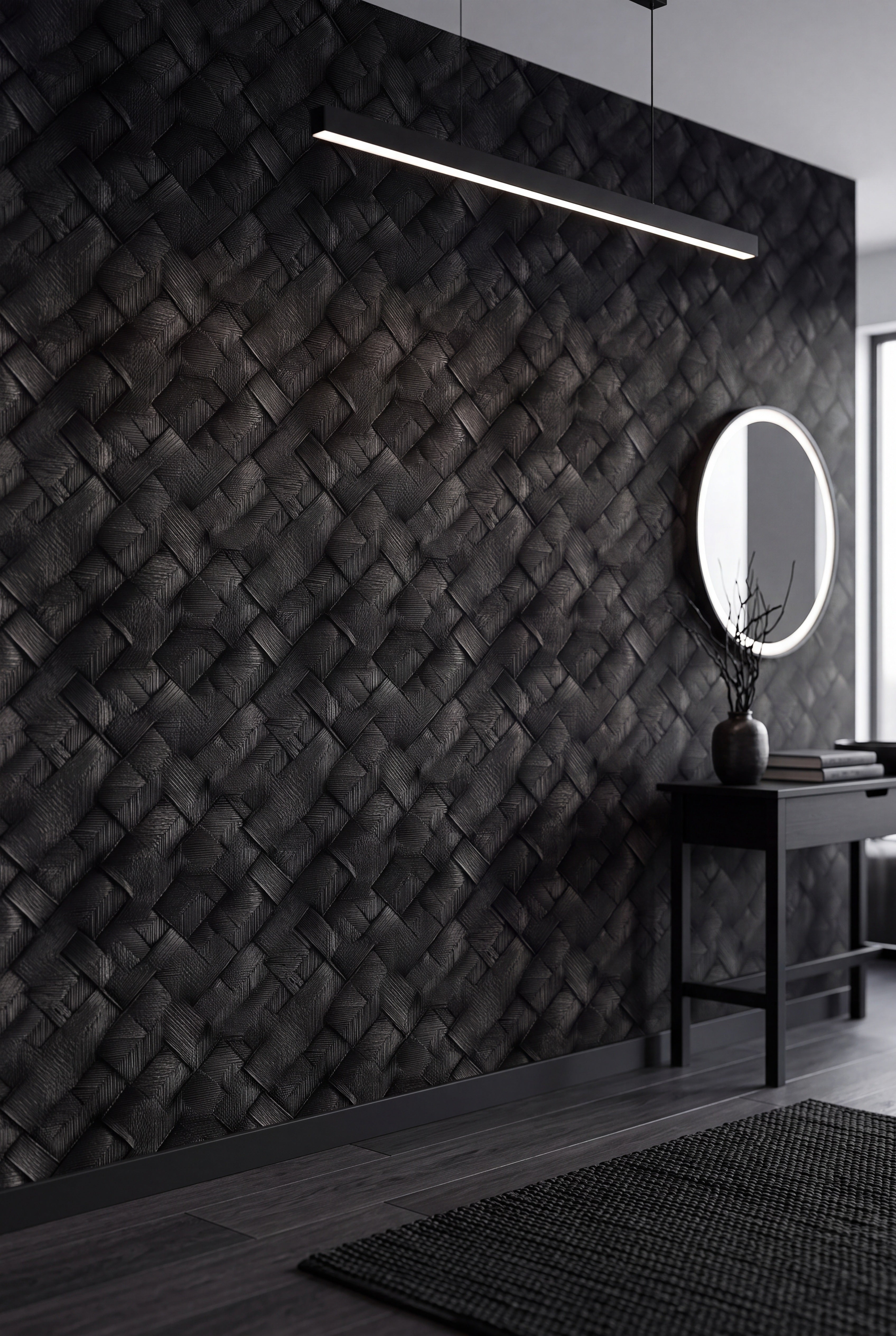 Rich black woven grasscloth-effect wallpaper in an entryway.
