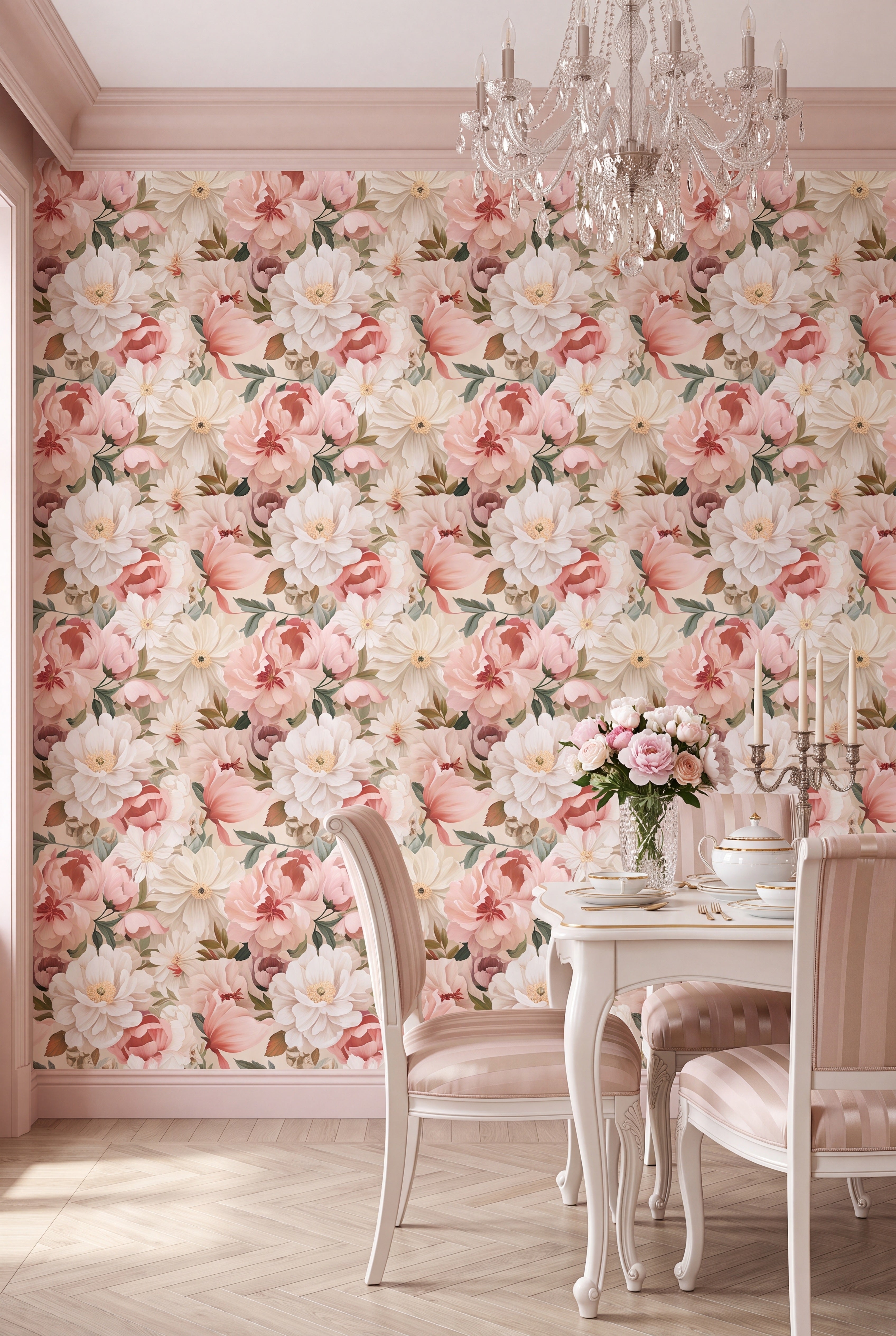 Soft pink blossoms on a dusky botanical wallpaper in a dining room.
