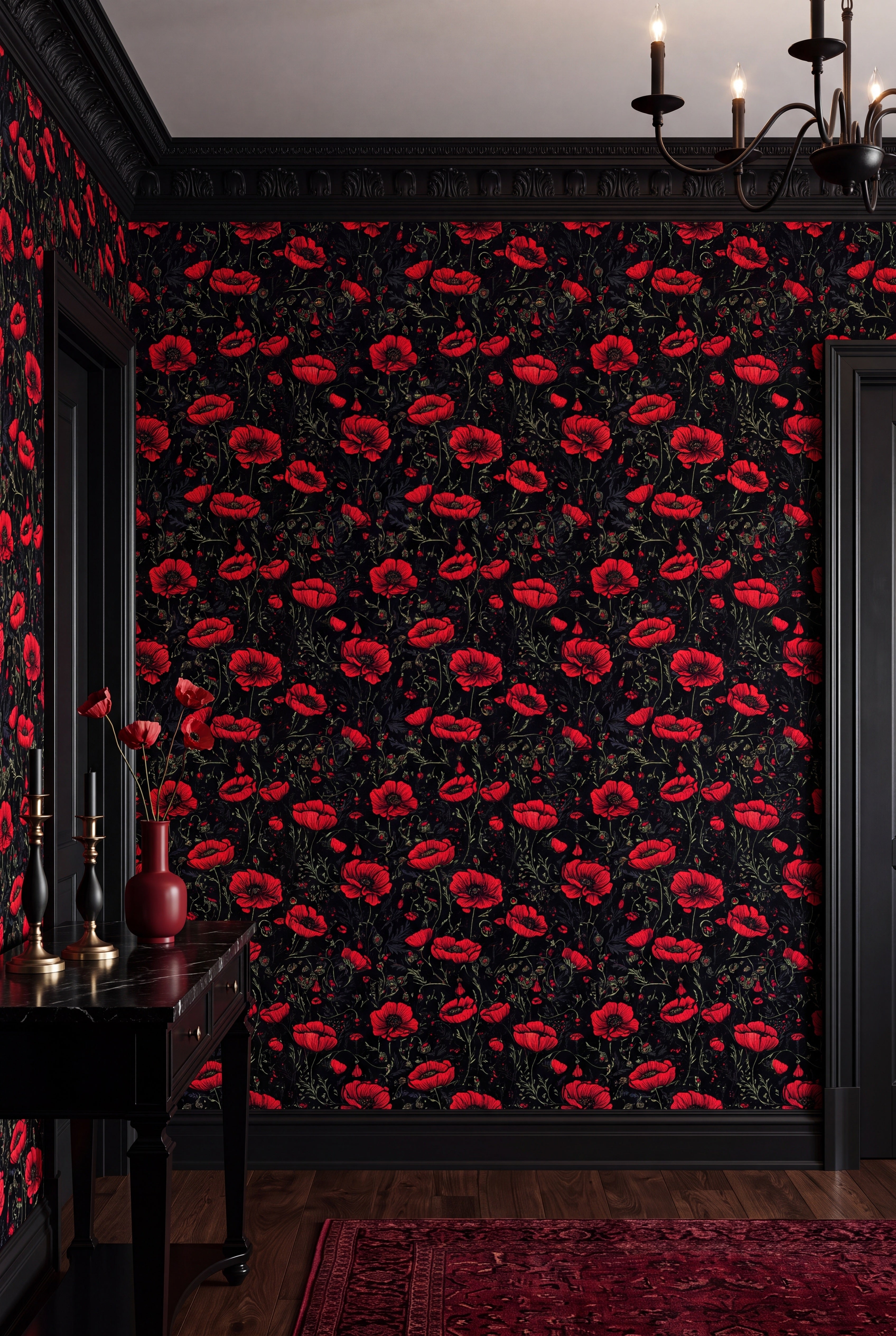 Bright red poppies on a black wallpaper in a dining room.