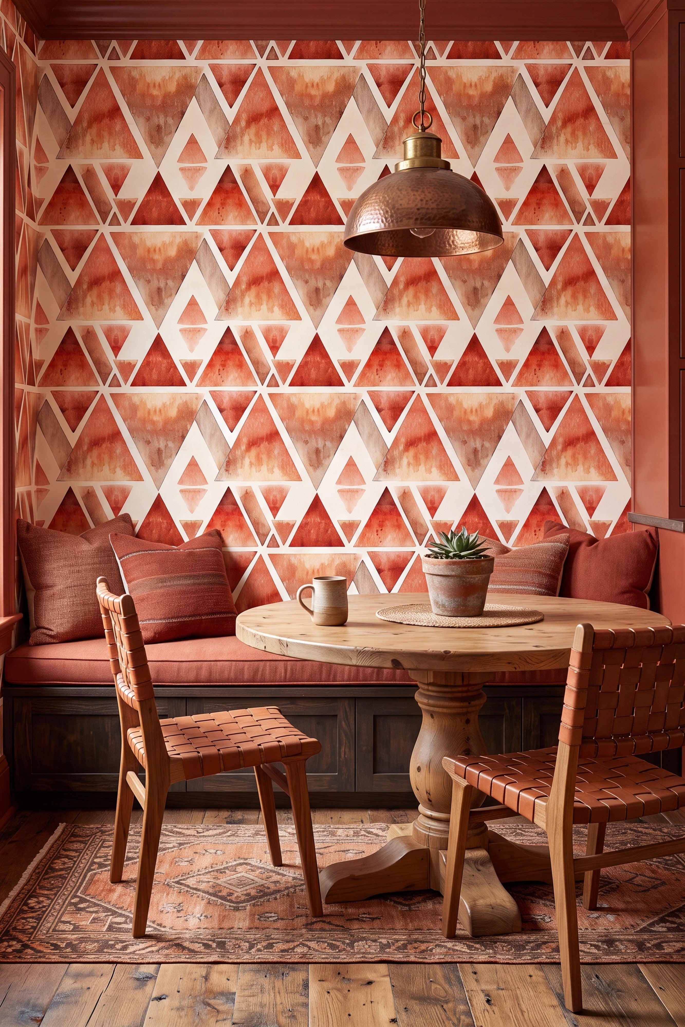 Terracotta ikat triangle wallpaper in a breakfast nook.