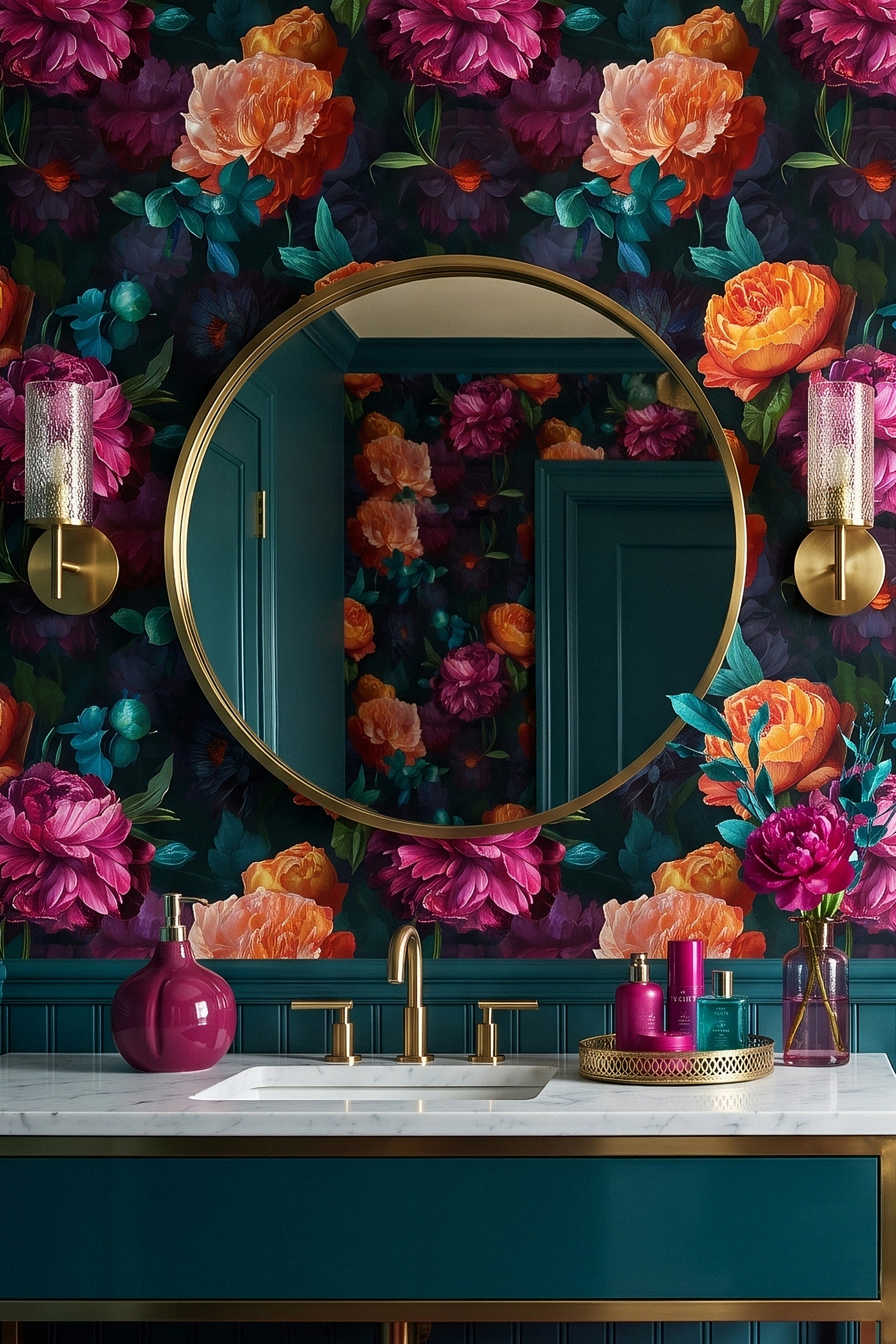 Pink and sunset orange peonies on deep teal wallpaper in a powder room.