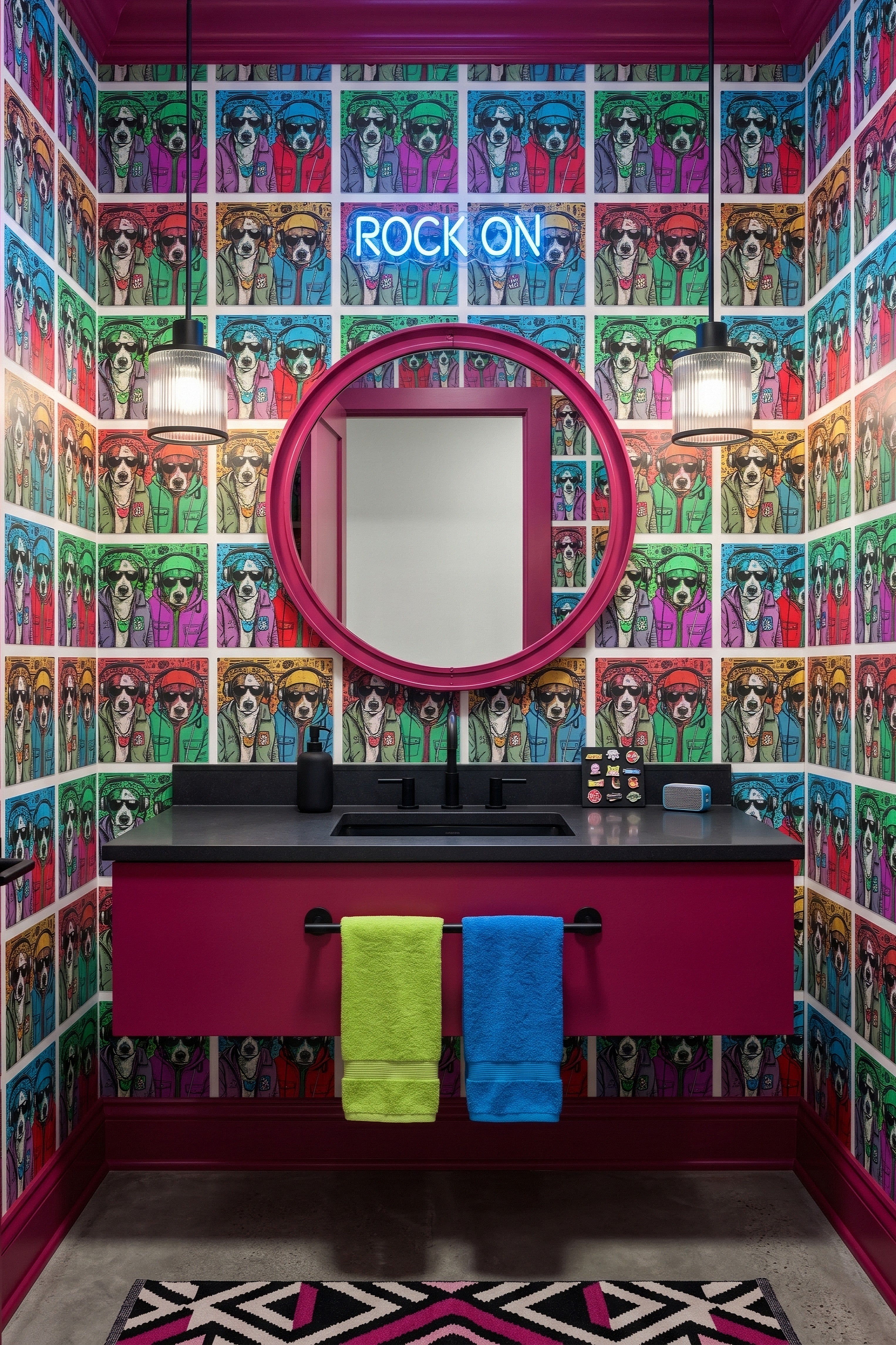 Colorful DJ dogs in hoodies and sunglasses on playful wallpaper in a powder room.