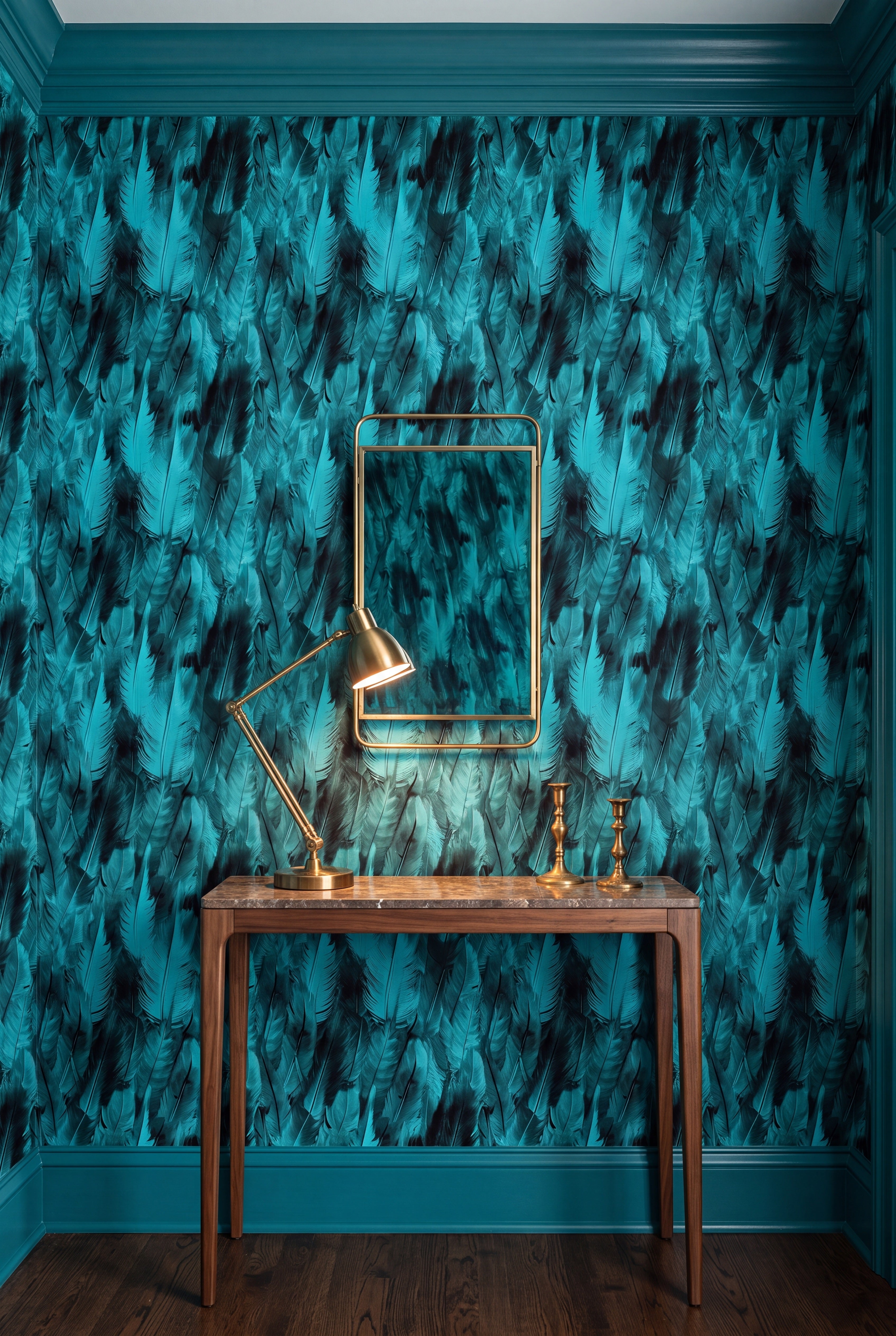 Overlapping deep teal feathers on textured wallpaper on an accent wall.