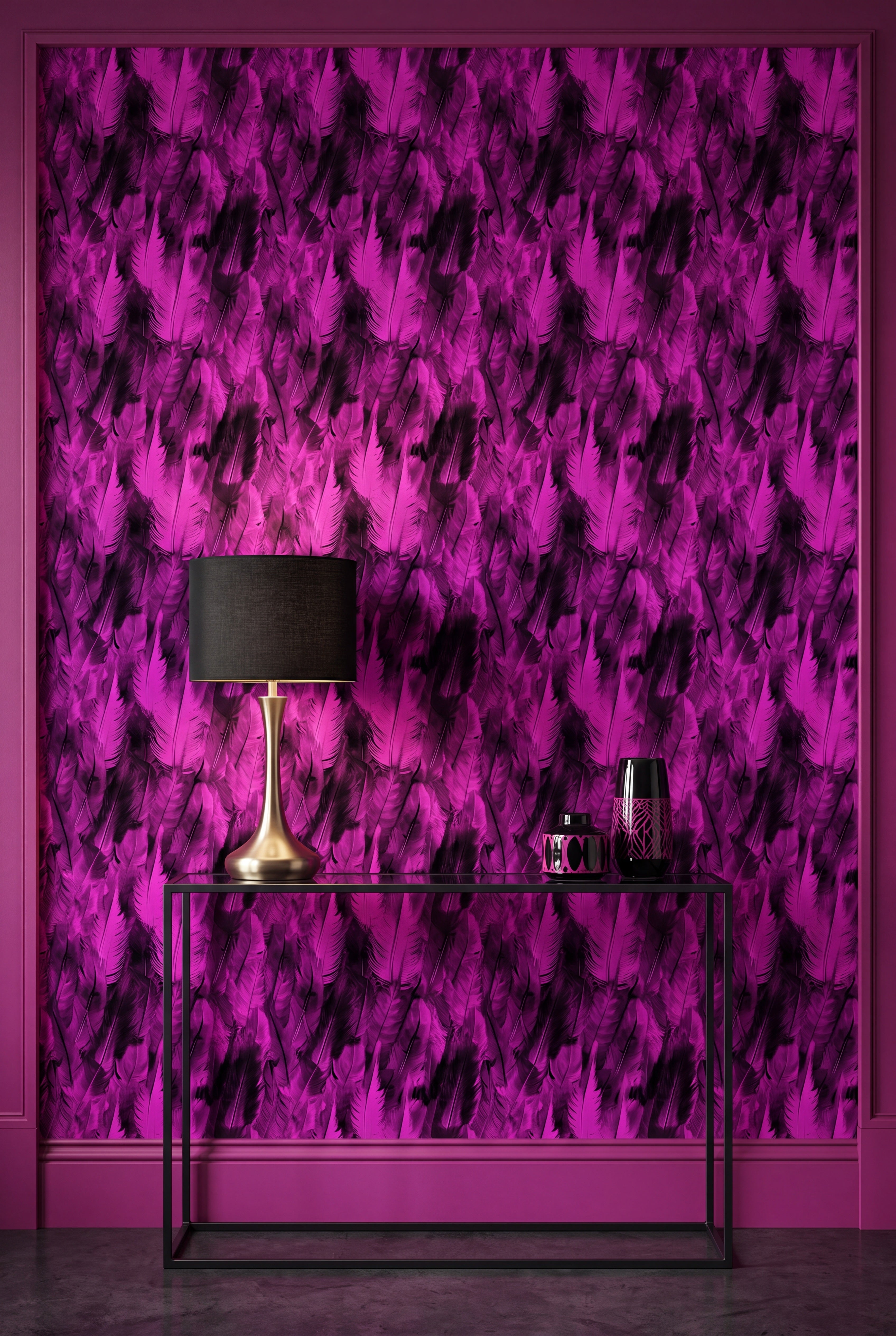 Sweeping fuchsia and purple feather wallpaper on an accent wall.