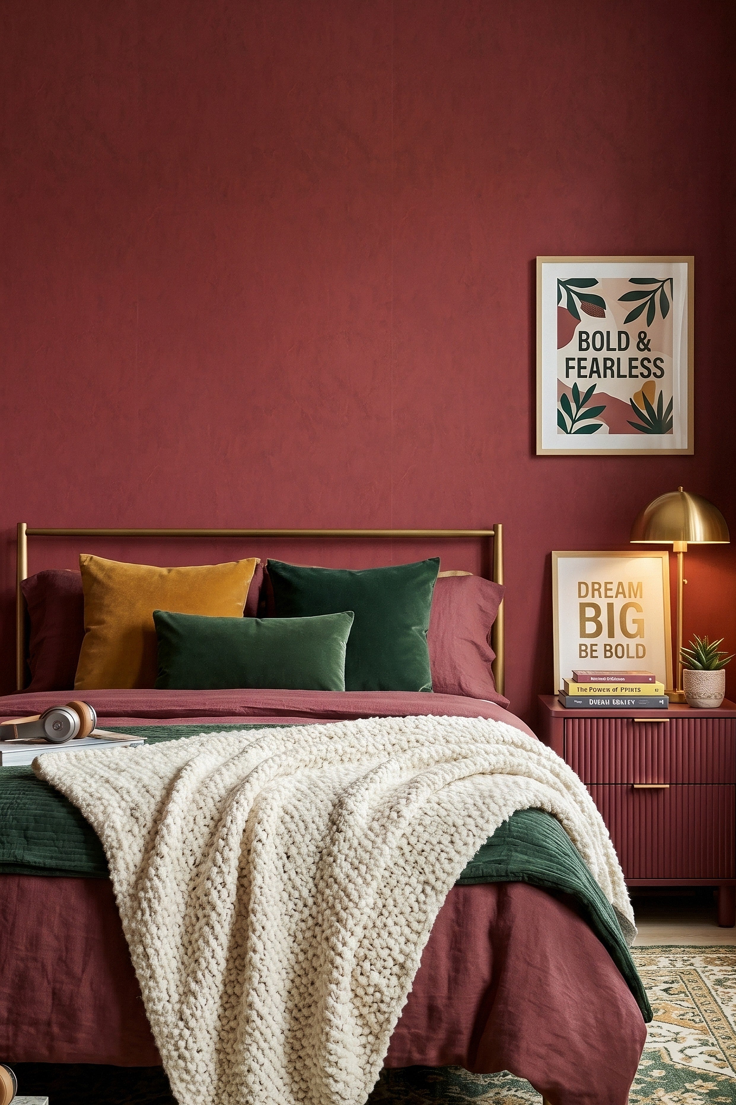 Berry red textured wallpaper in a bedroom.