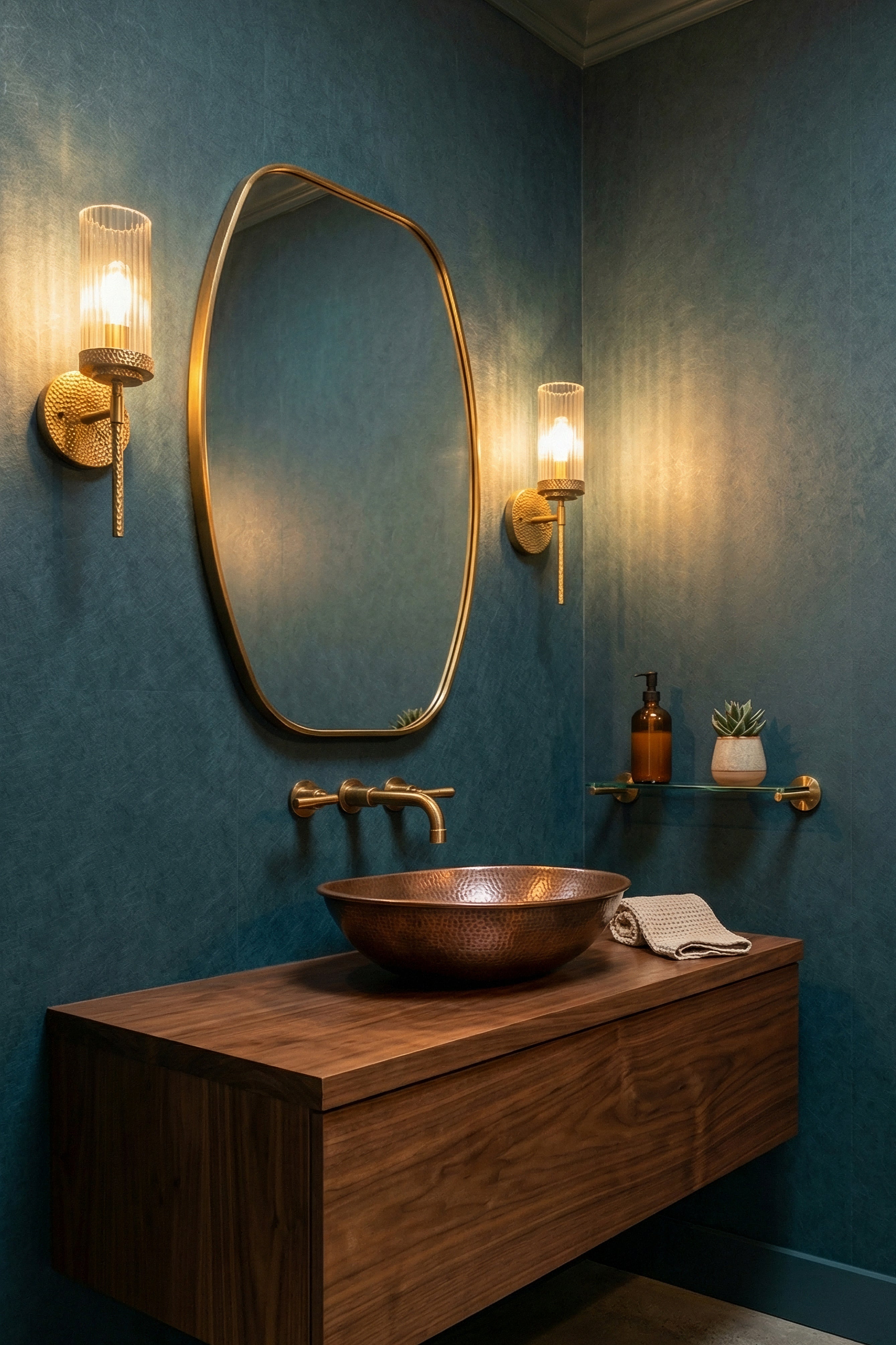 Deep navy limewash-effect wallpaper in a powder room.