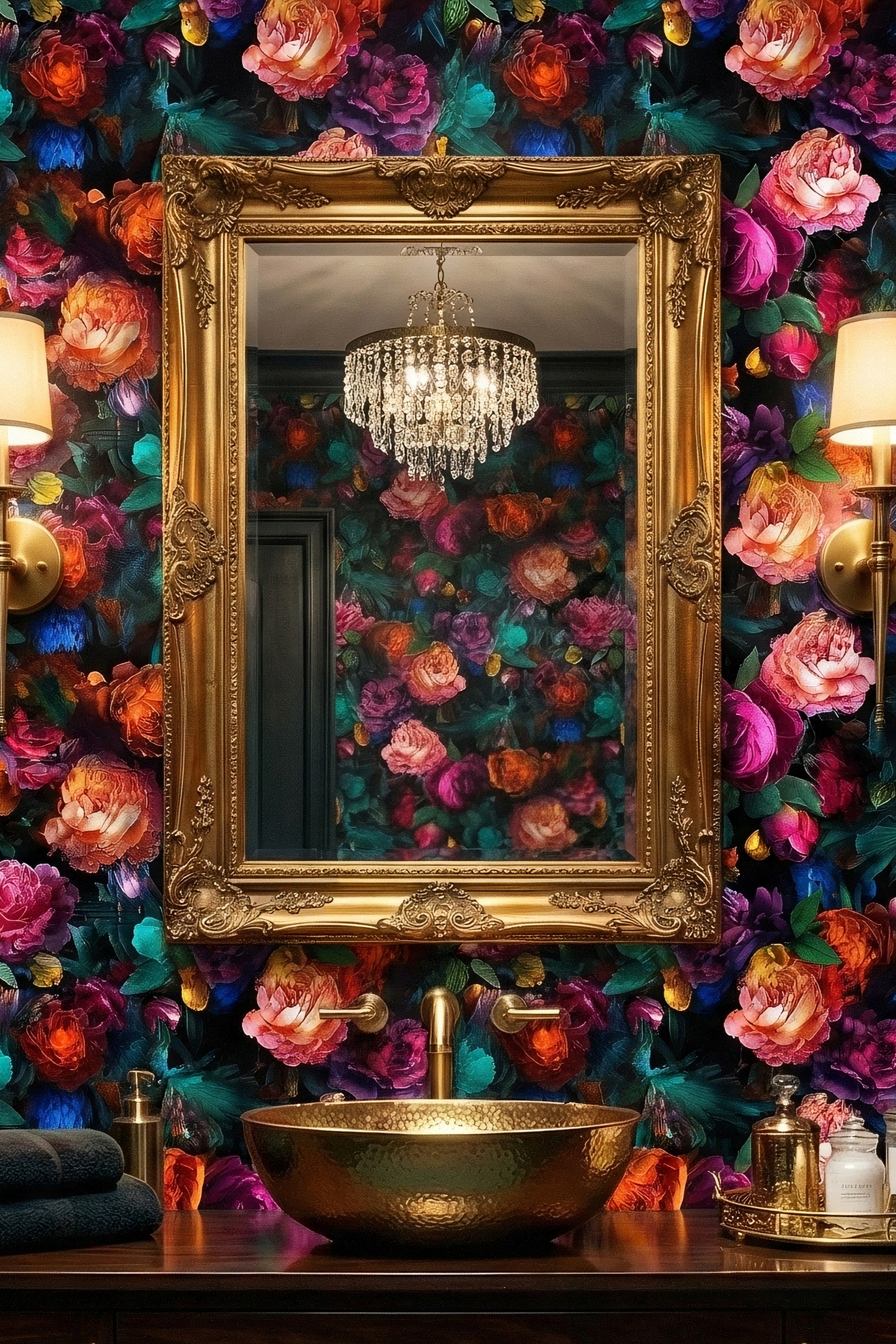 Jewel-toned peonies in pink and teal on black wallpaper in a powder room.