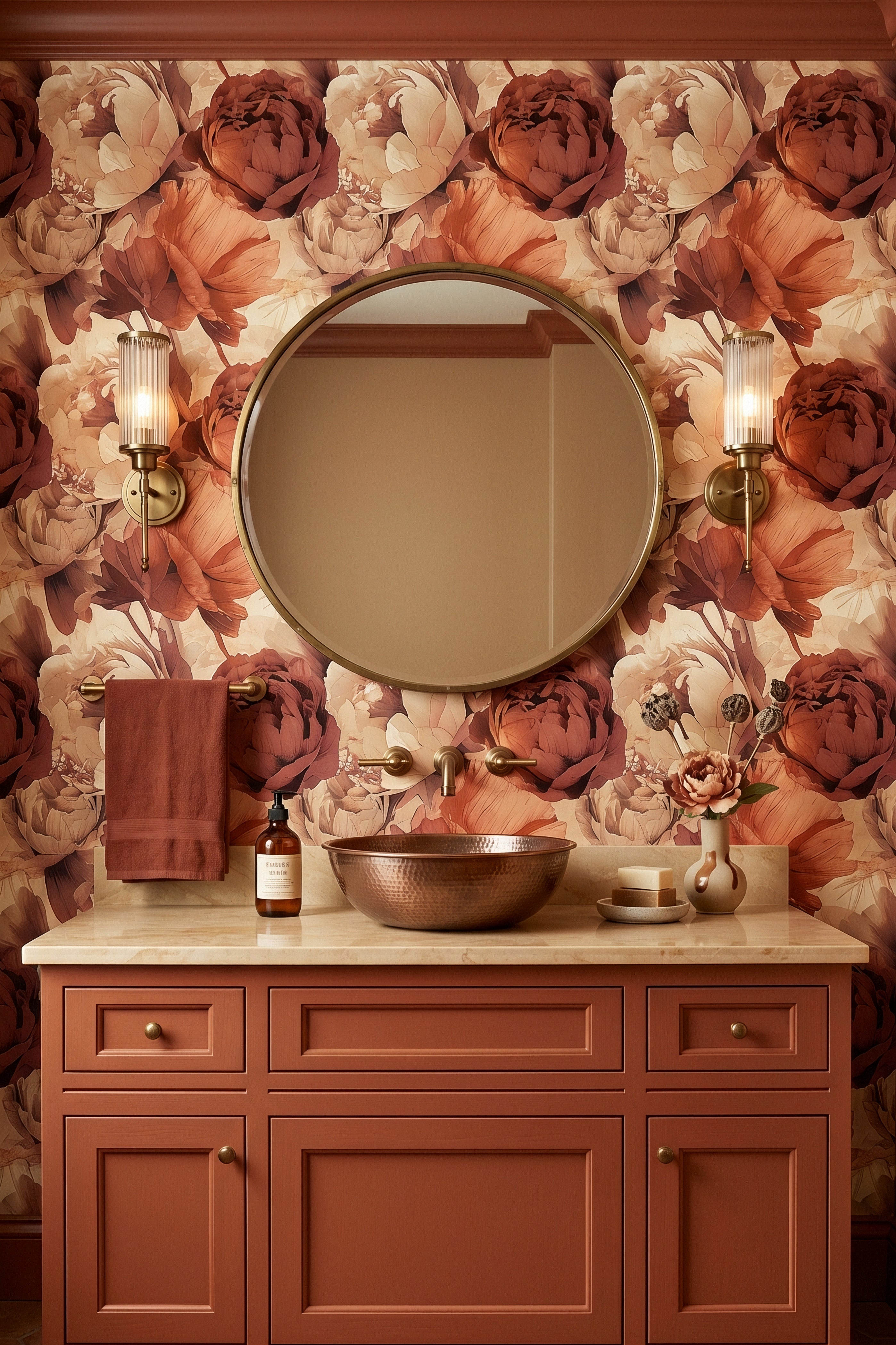 Burnt orange vintage peonies on warm cream wallpaper in a powder room.