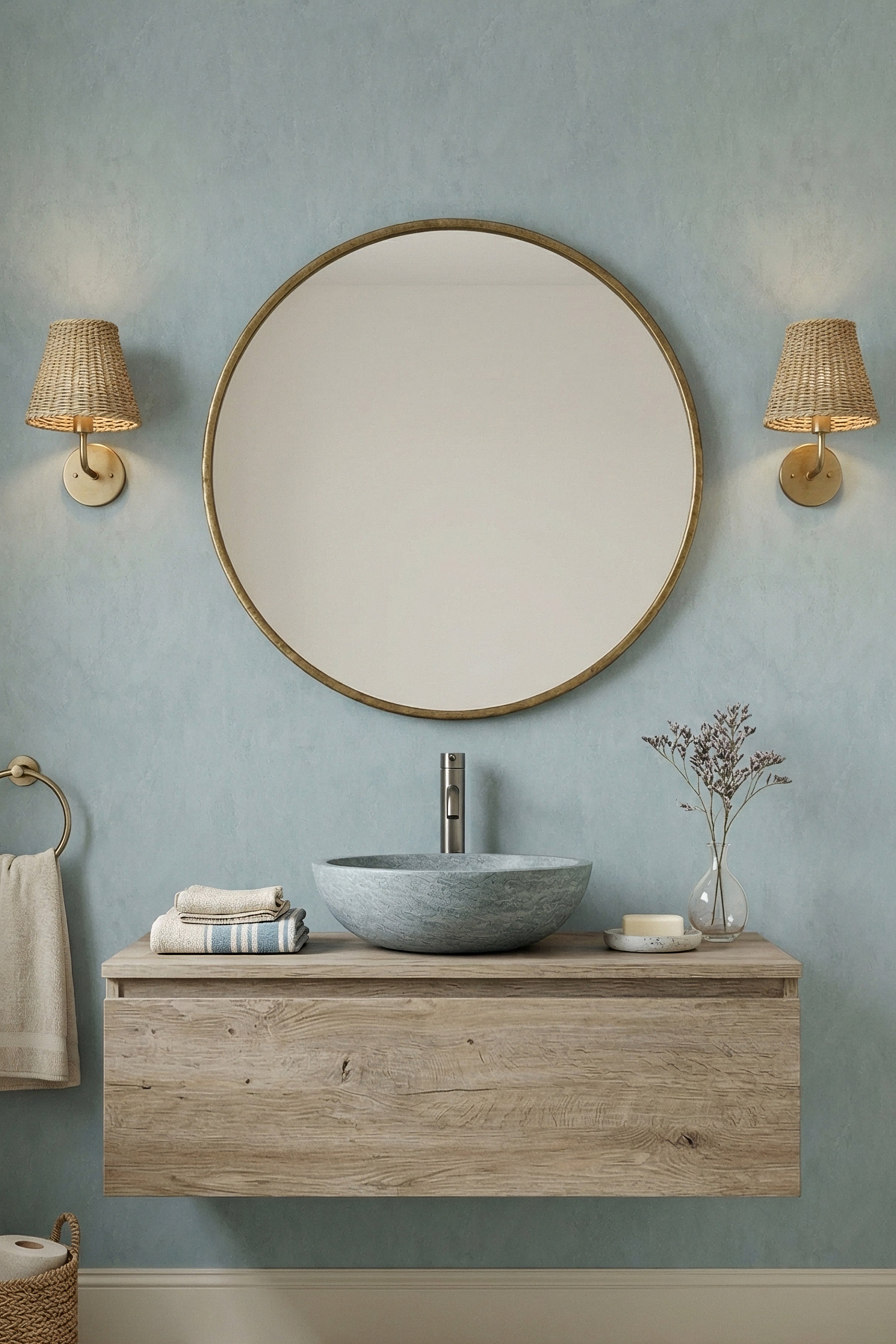Dusty blue and grey limewash plaster wallpaper in a powder room.