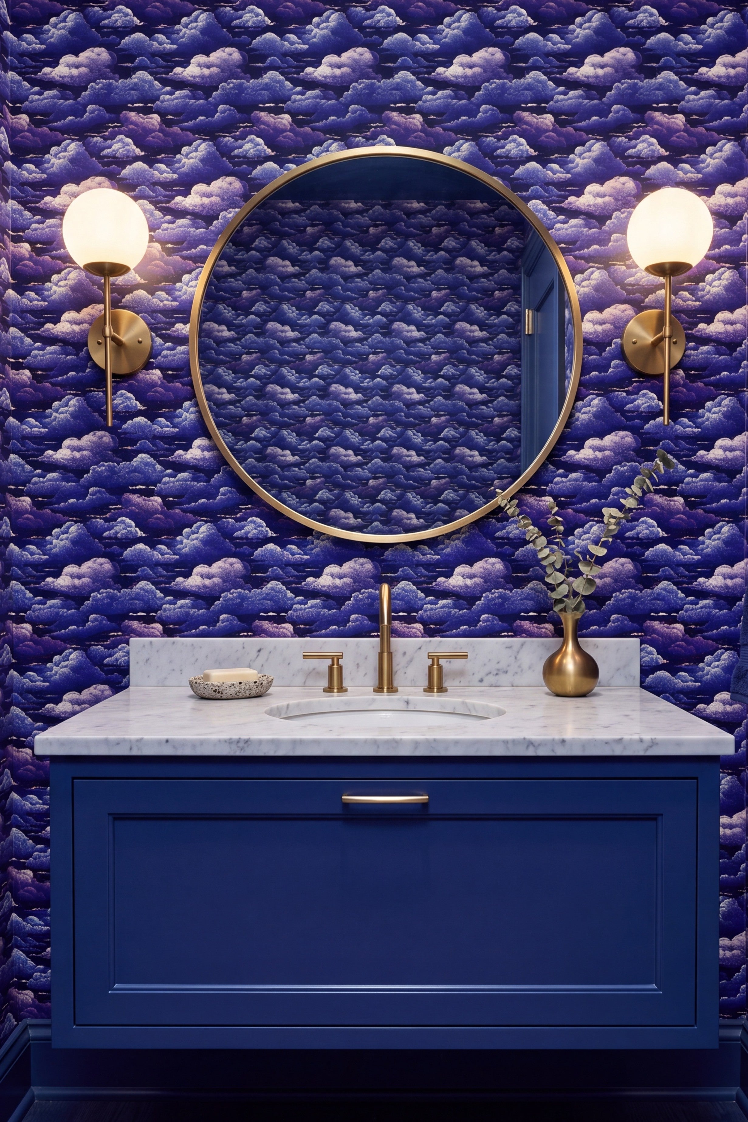 Soft lavender and blue clouds on dark plum wallpaper in a powder room.