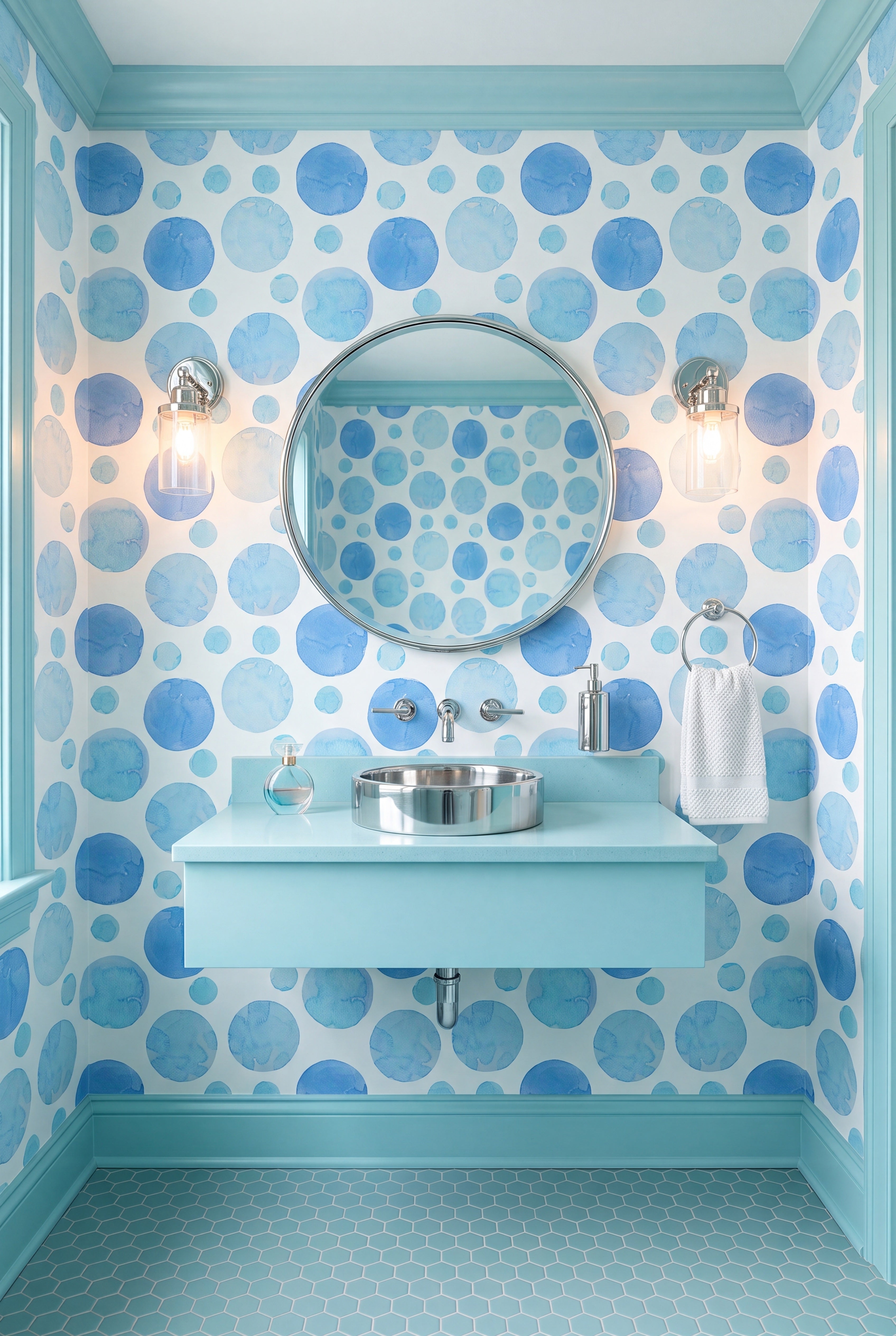 Aqua-blue watercolor polka dots on white wallpaper in a powder room.
