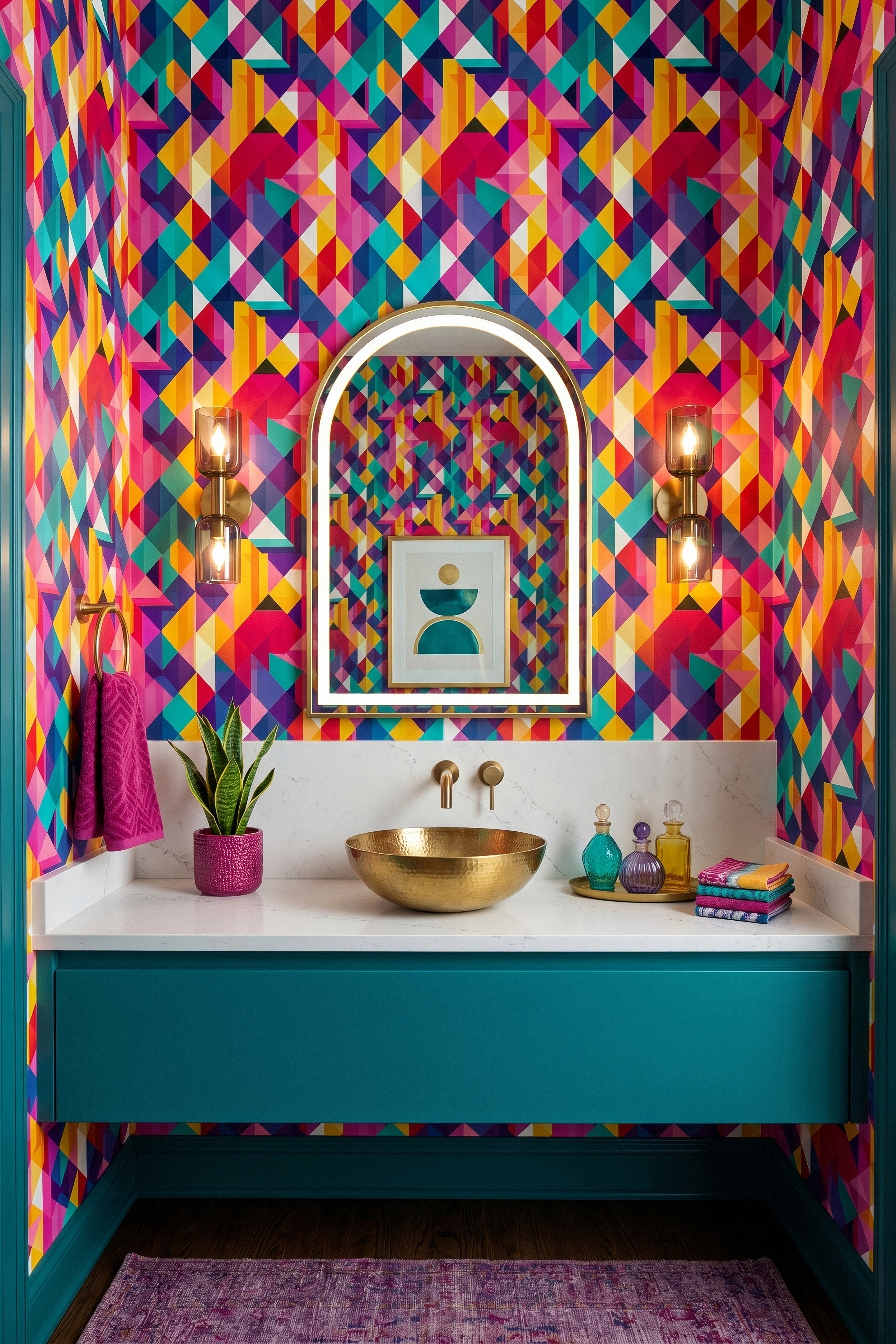 Multicolor rainbow triangles on a clean geometric grid wallpaper in a powder room.