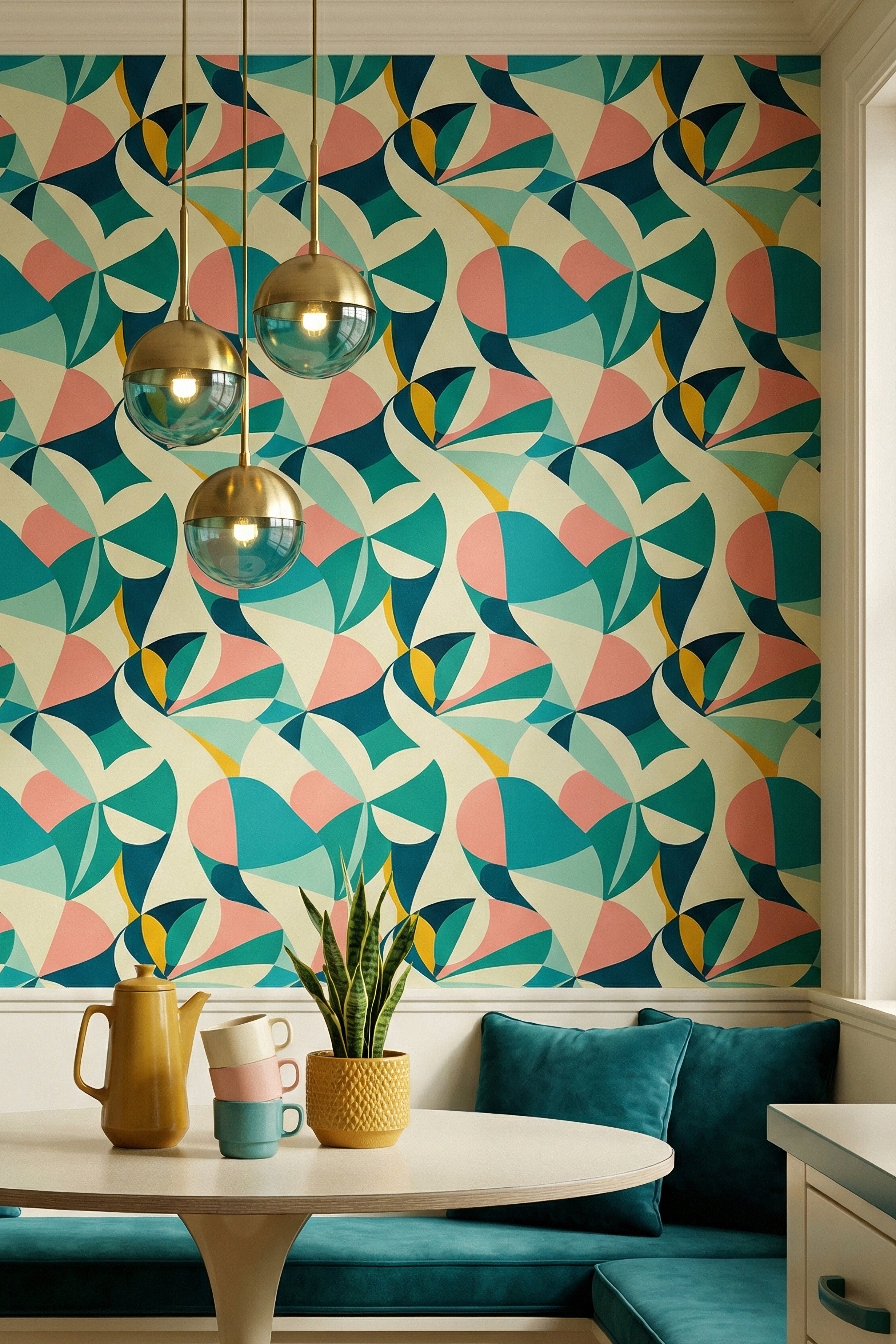 Teal, coral, and mustard mid-century curves on cream wallpaper in a cozy nook.