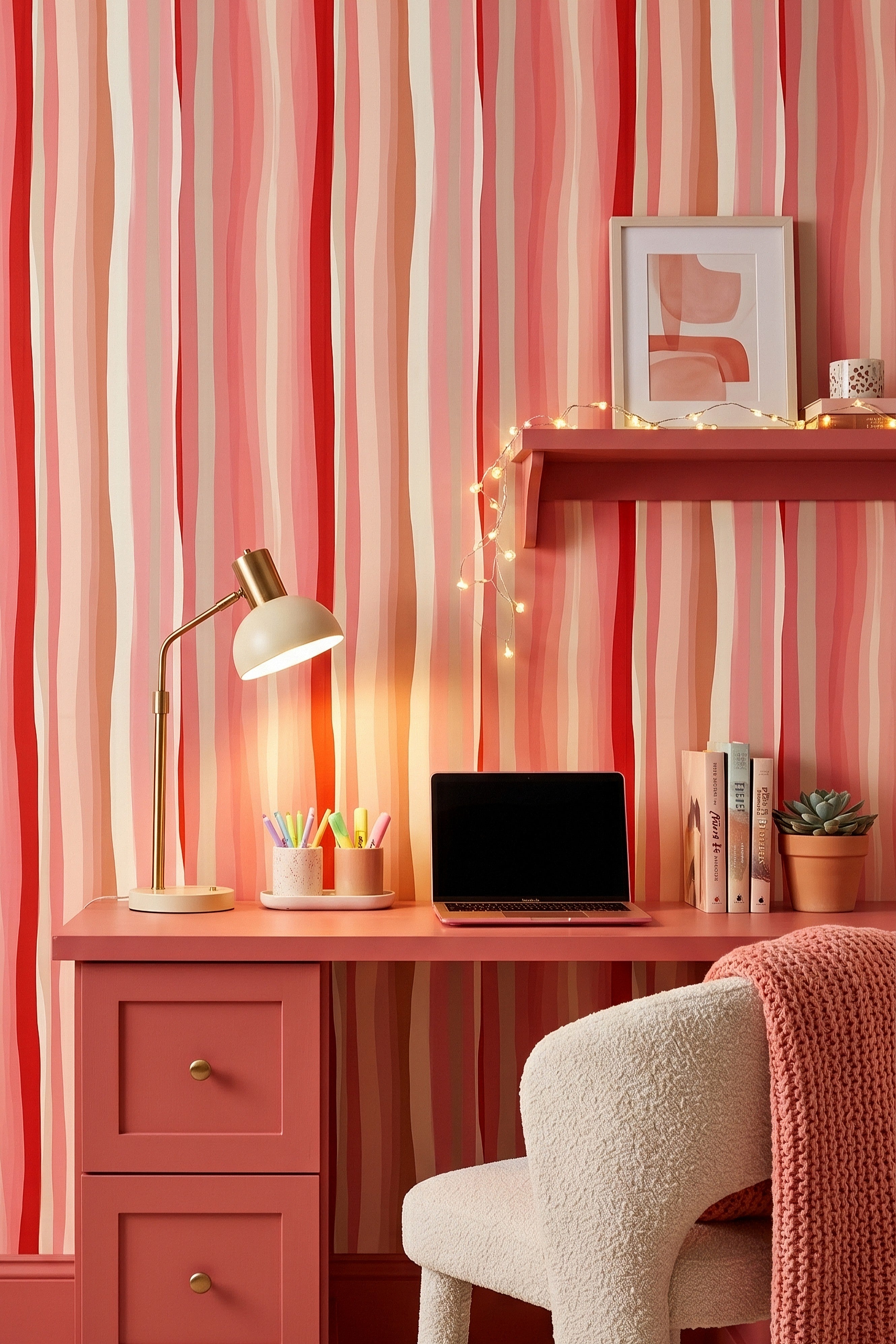 Bright retro pink vertical stripe wallpaper in a home office.