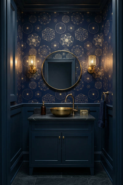 Fine gold celestial medallions on midnight navy wallpaper in a powder room.