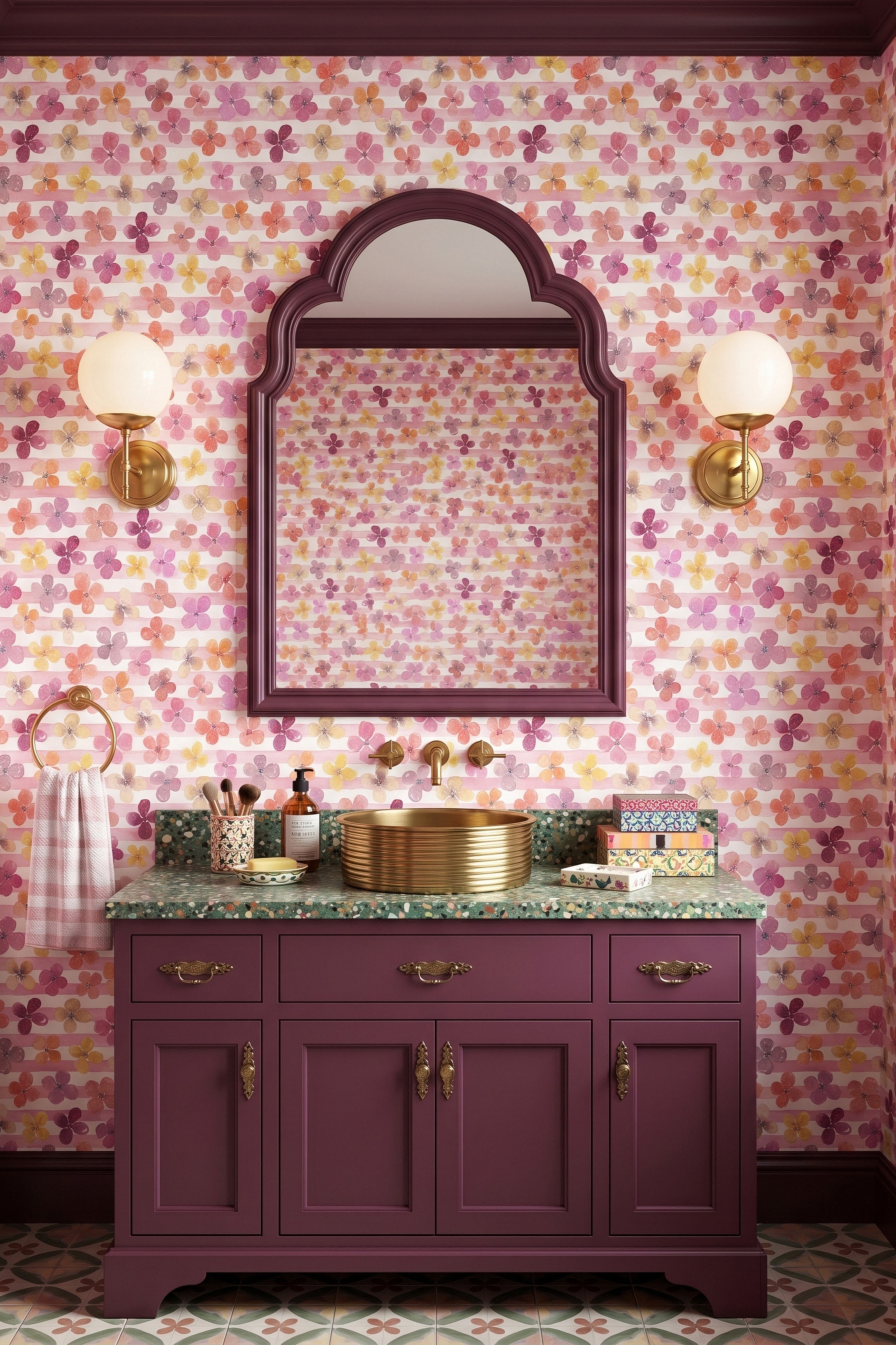 Soft pink stripes threaded with watercolor flowers wallpaper in a powder room.