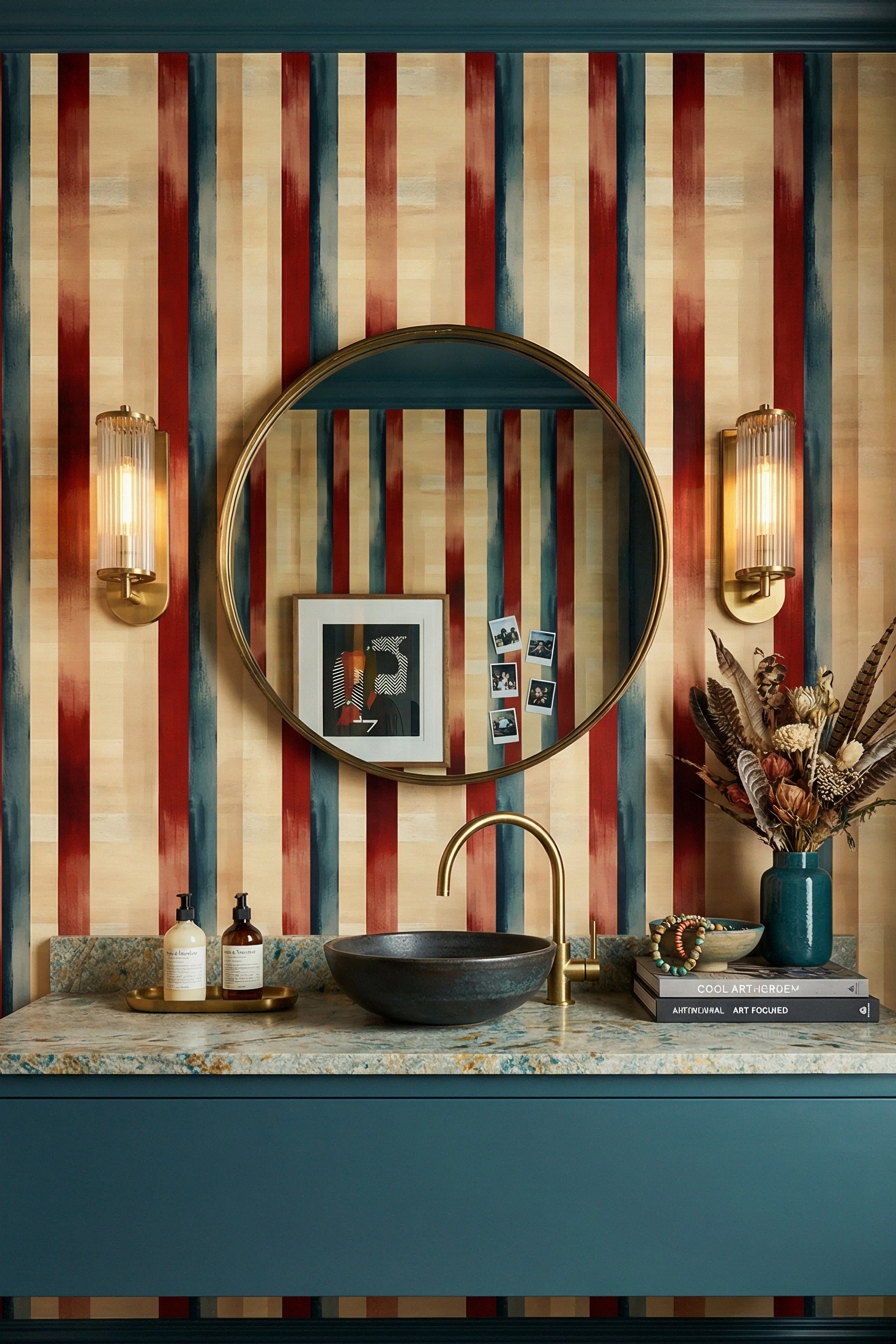 Brick red and slate blue painterly vertical stripe wallpaper in a powder room.