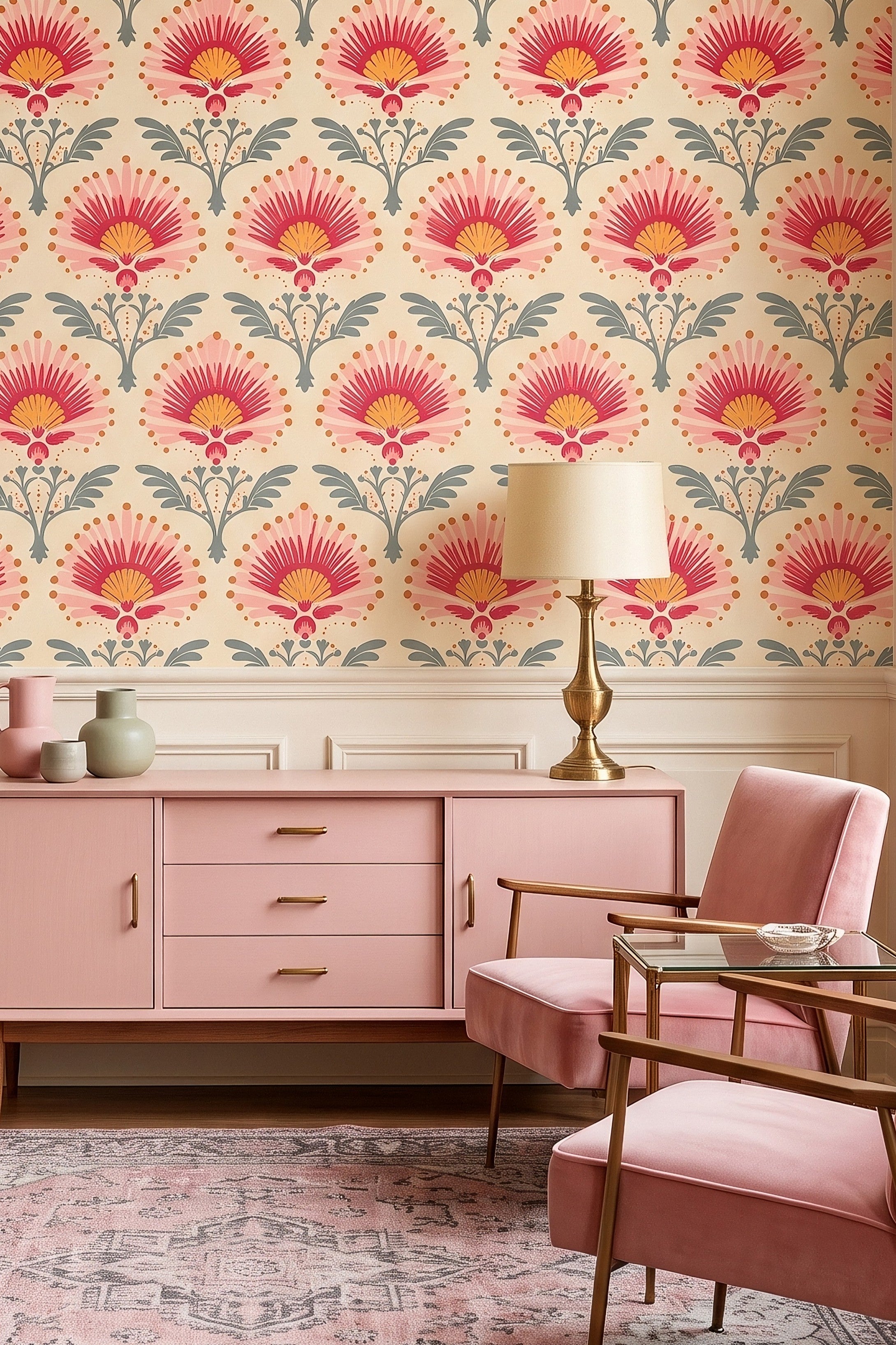 Pink folk floral wallpaper in a living room.