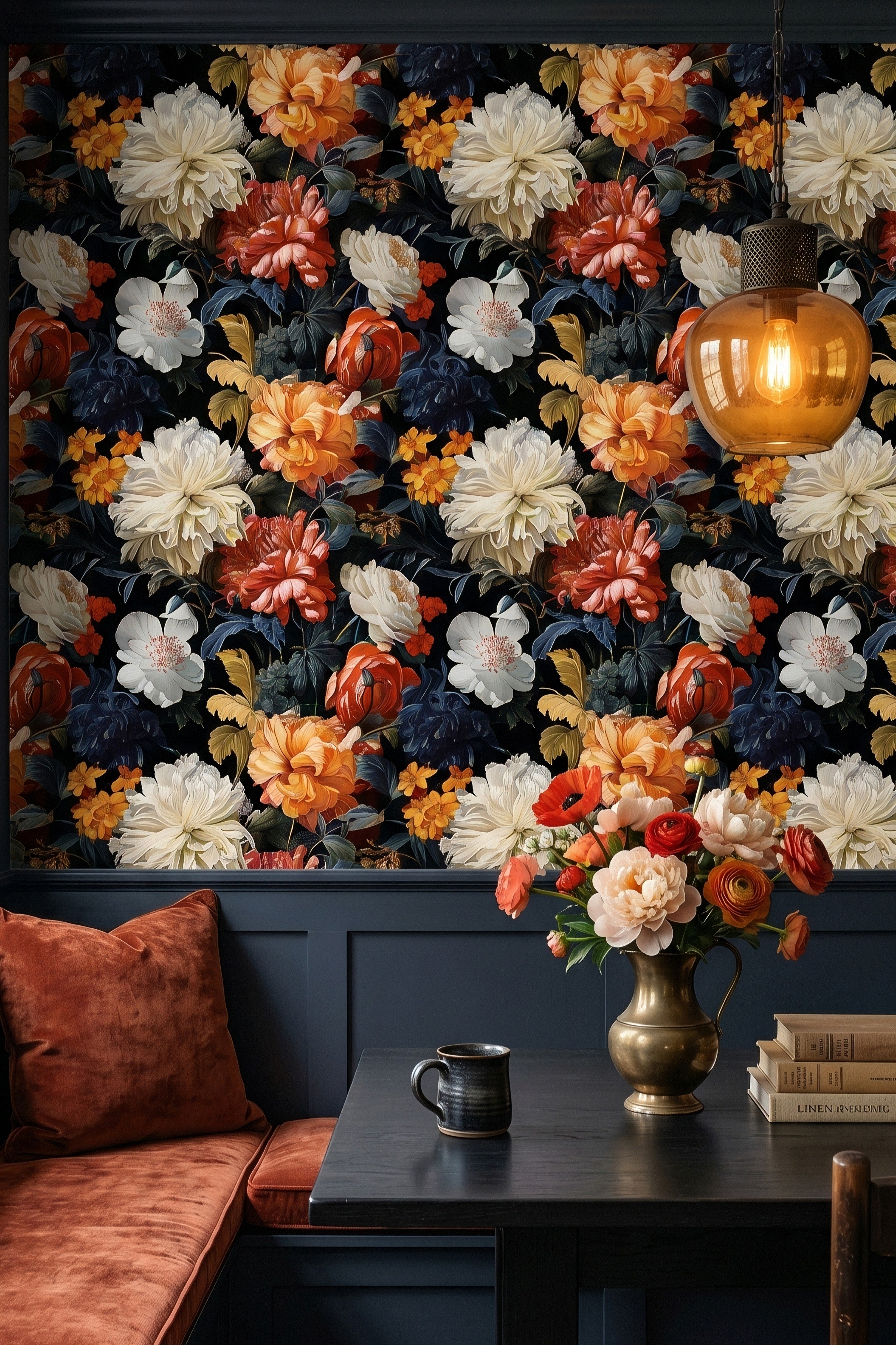Vintage botanical blooms in dark moody tones wallpaper in a cozy nook.