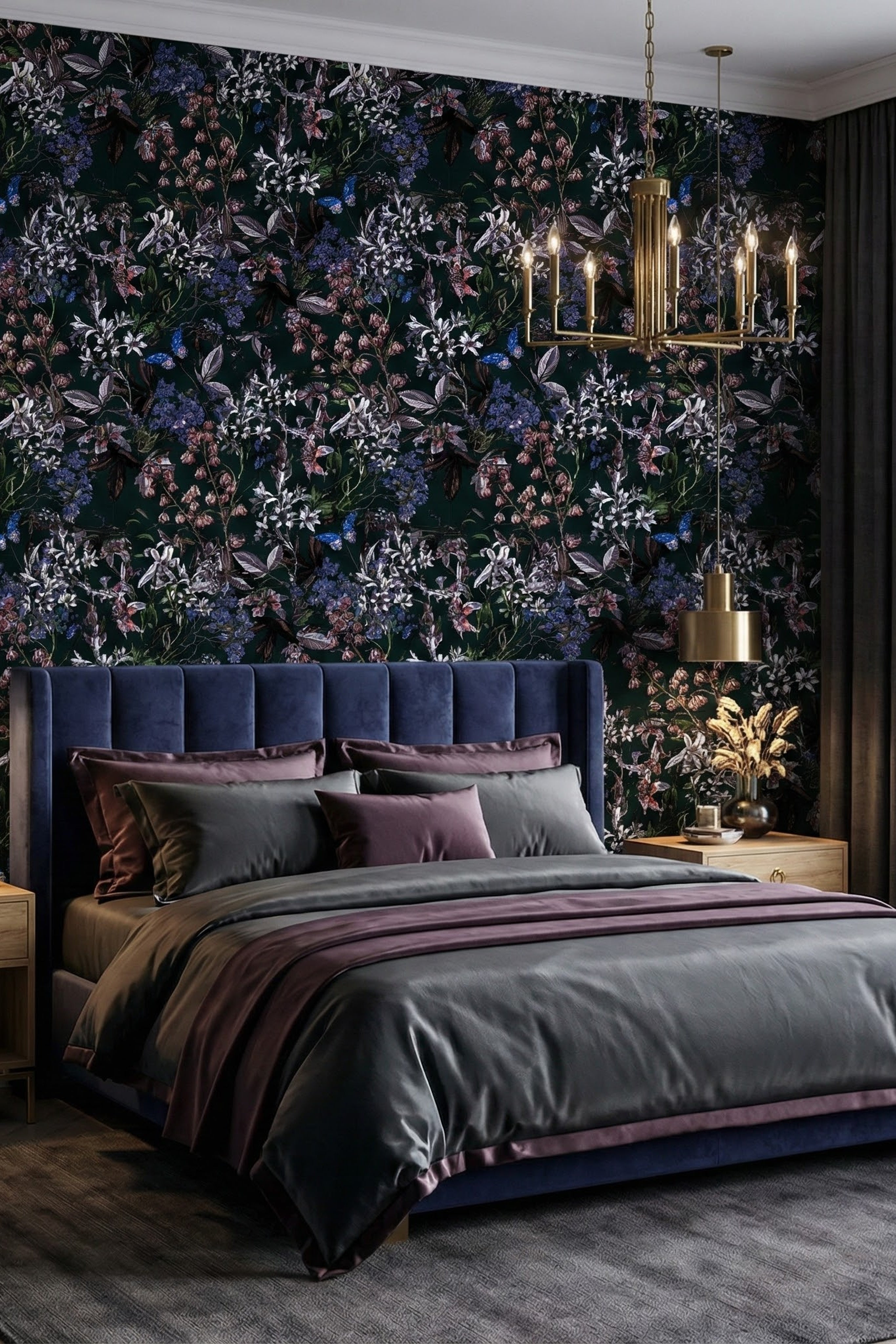 Indigo and plum butterflies and botanicals on charcoal wallpaper in a bedroom.