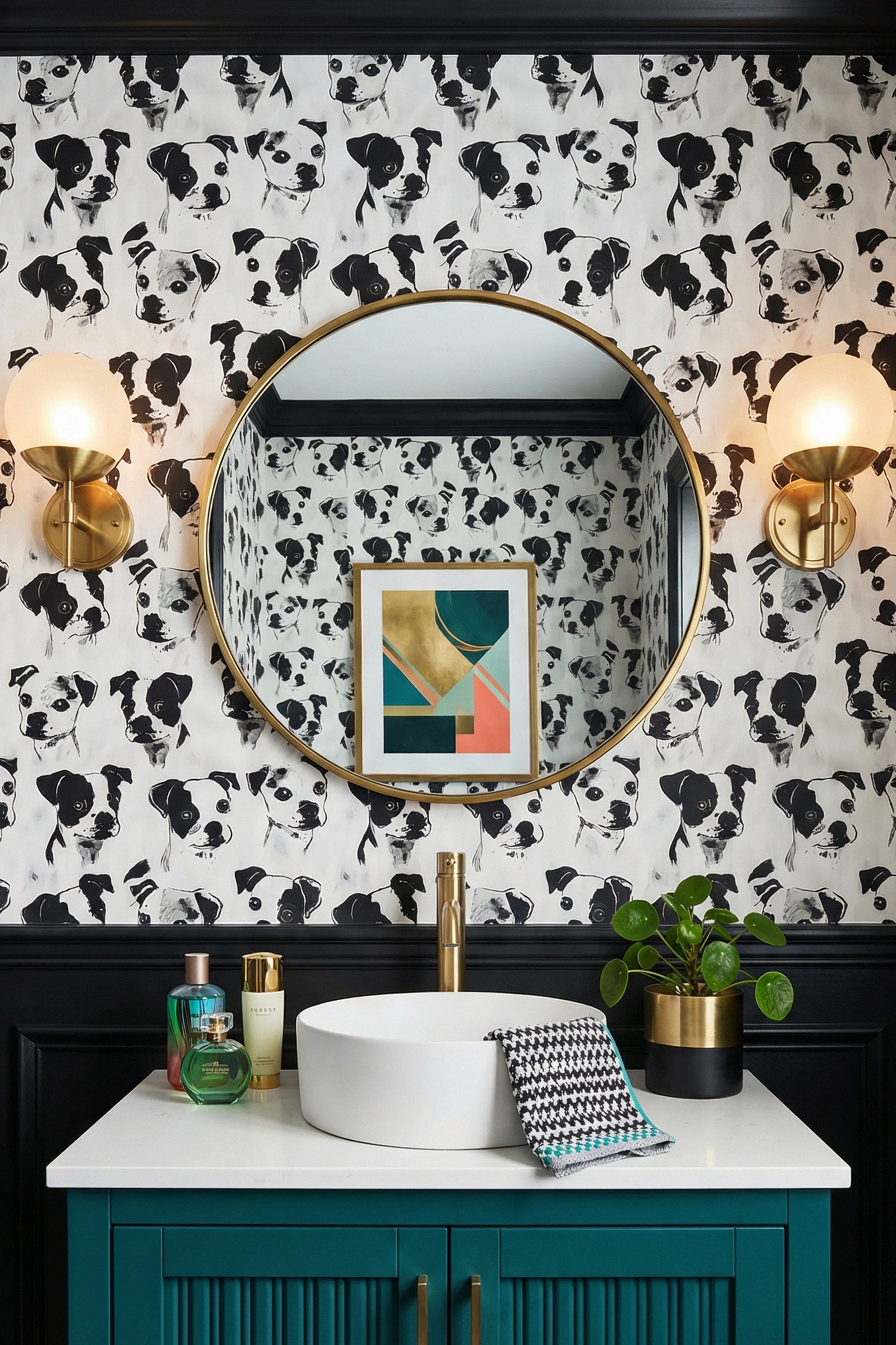 Expressive black-and-white puppy faces wallpaper in a powder room.