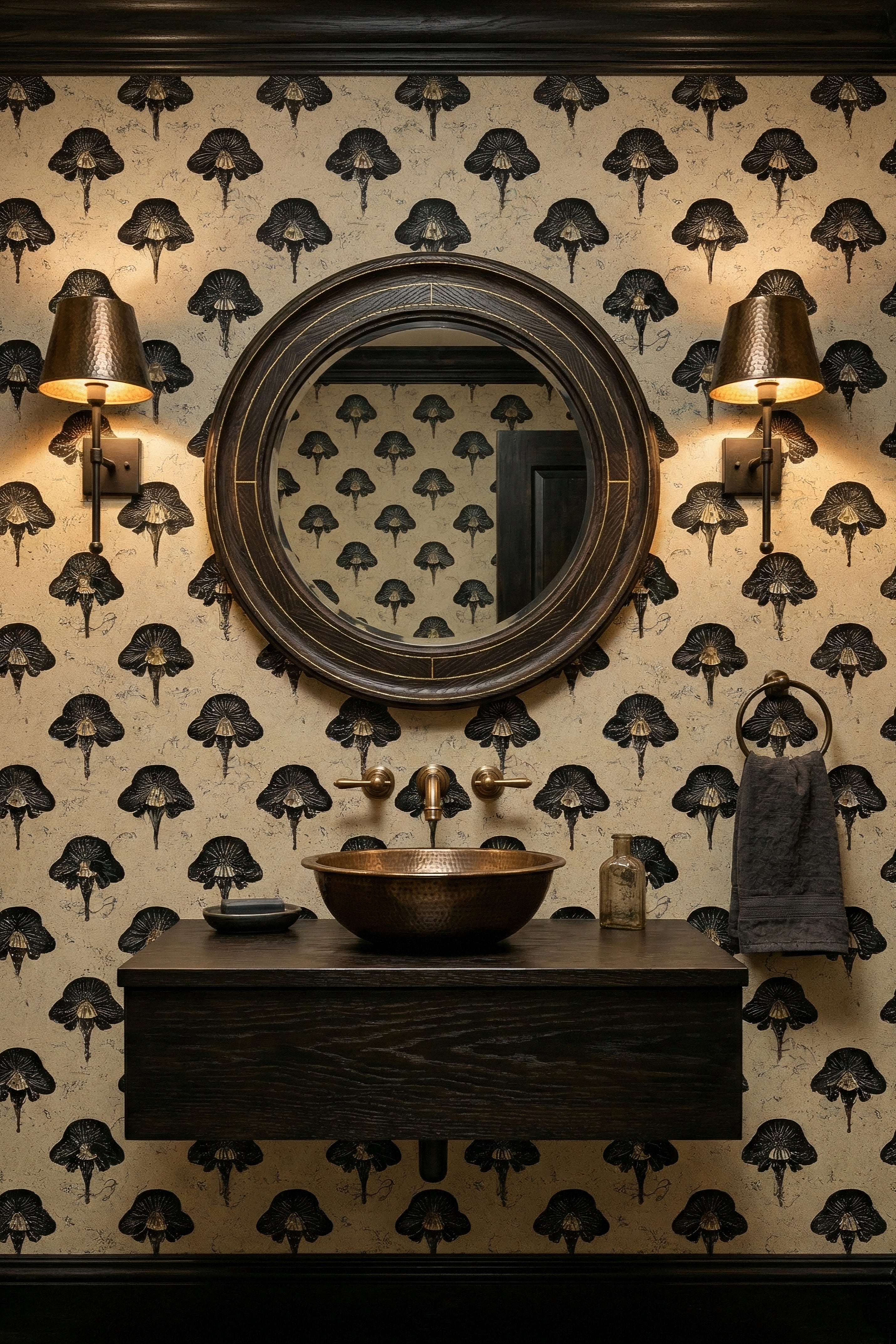 Hand-sketched black mushrooms on warm beige wallpaper in a powder room.