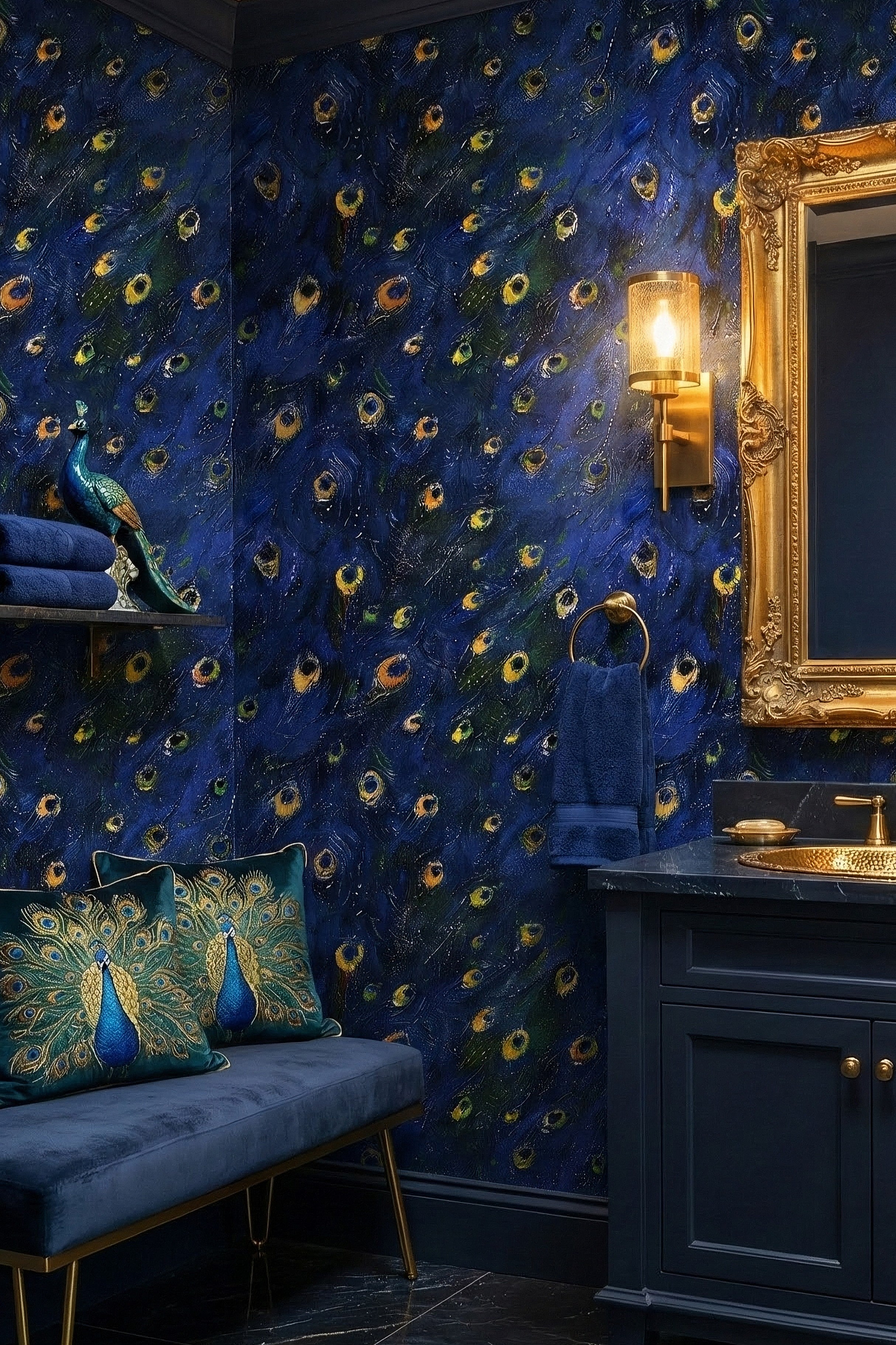 Cobalt and teal peacock feathers on painterly wallpaper in a powder room.