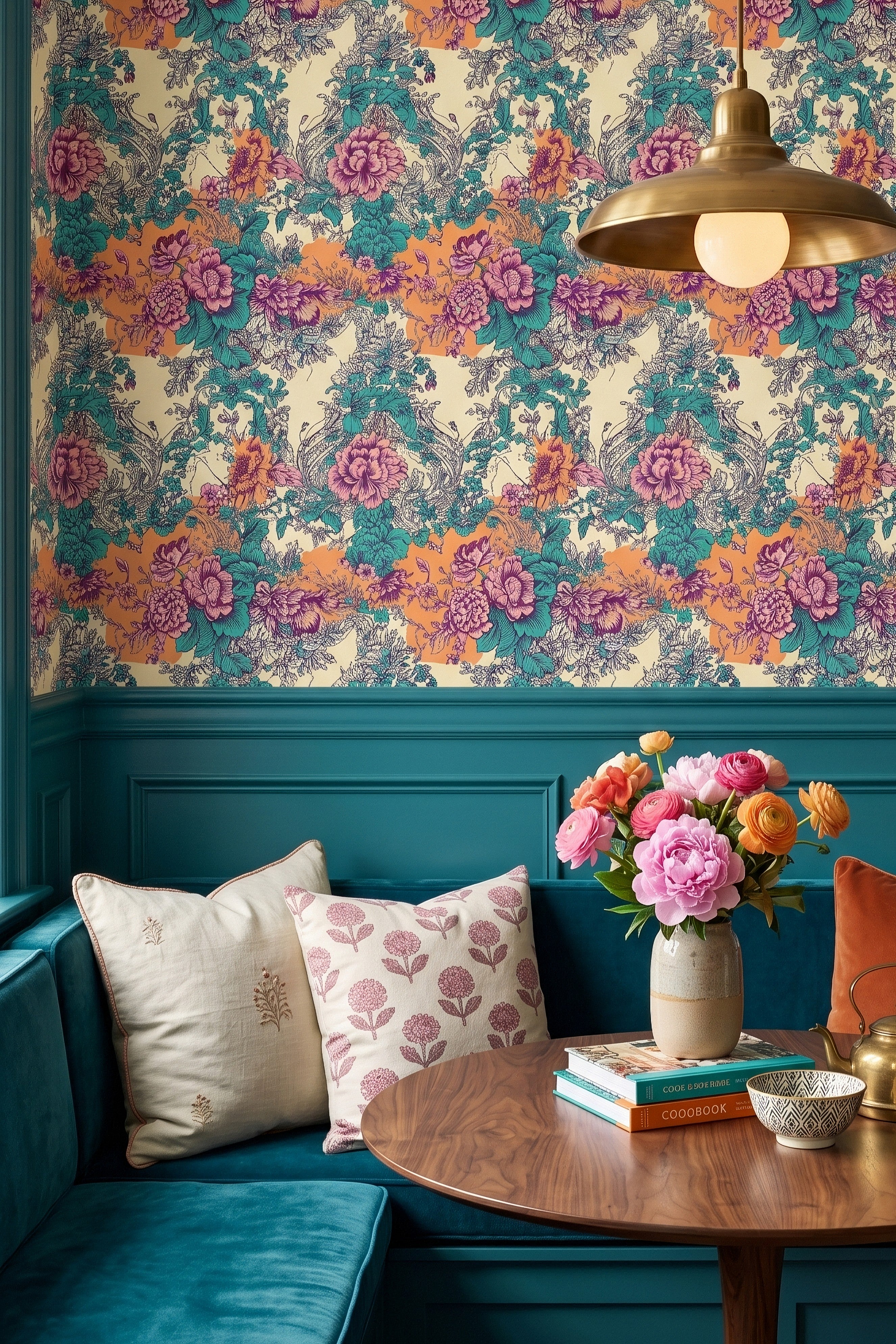 Baroque blooms in teal, coral, and magenta on cream wallpaper in a cozy nook.