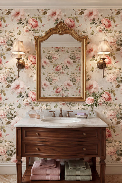 Layered blooms on a dark, moody botanical wallpaper in a powder room.