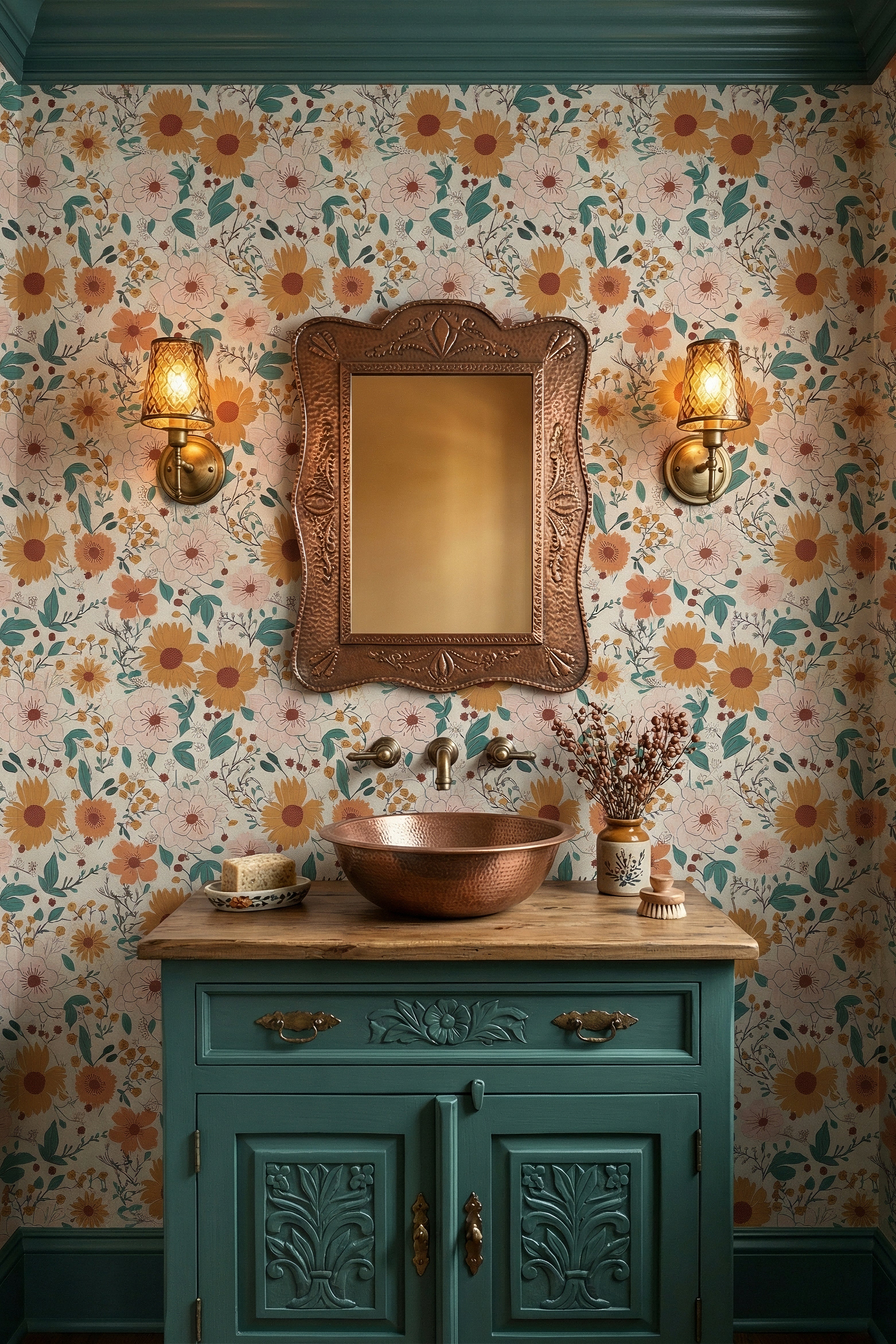 Mustard sunflowers and coral daisies on cream retro wallpaper in a powder room.