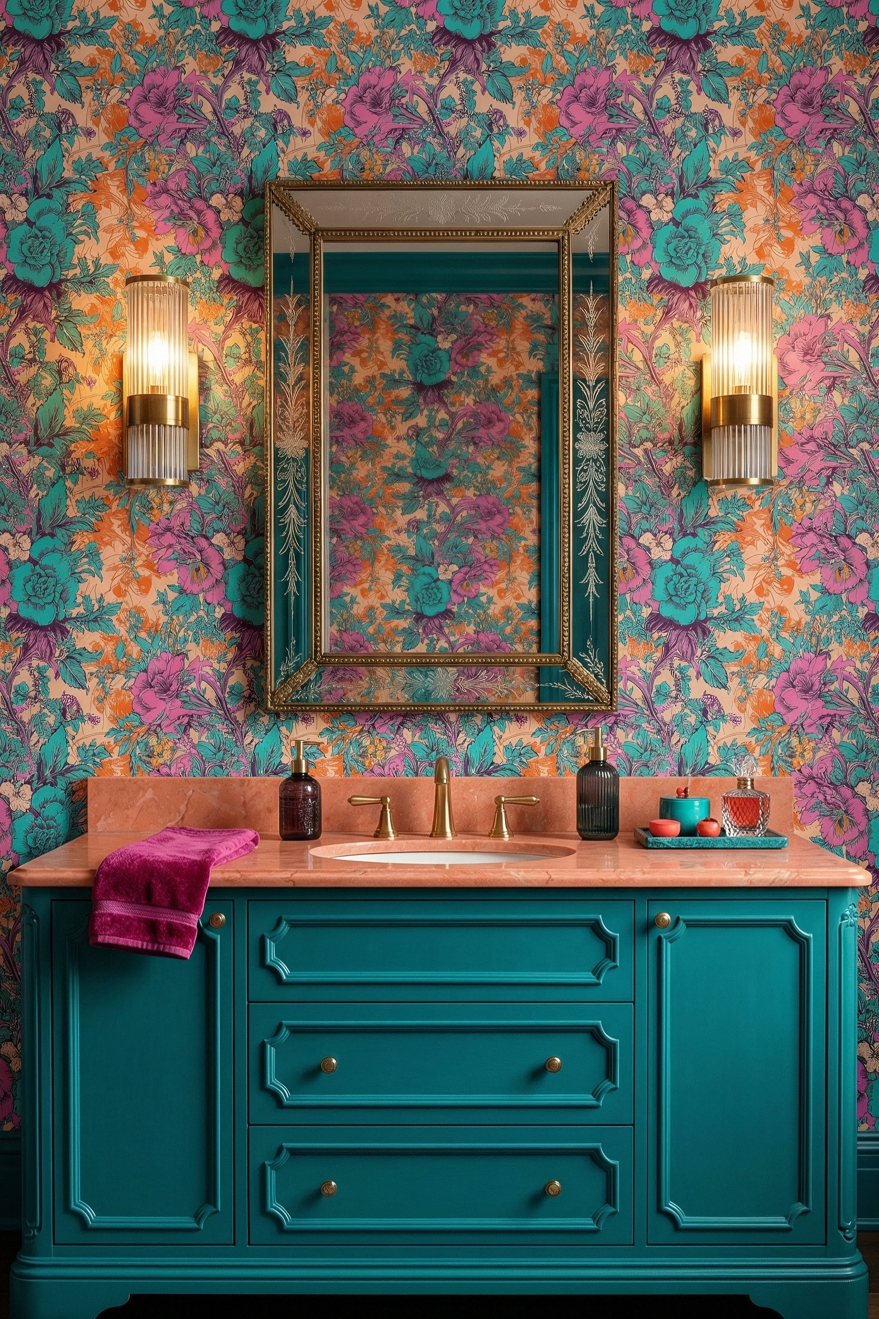 Teal and fuchsia toile florals on a peach wallpaper in a powder room.