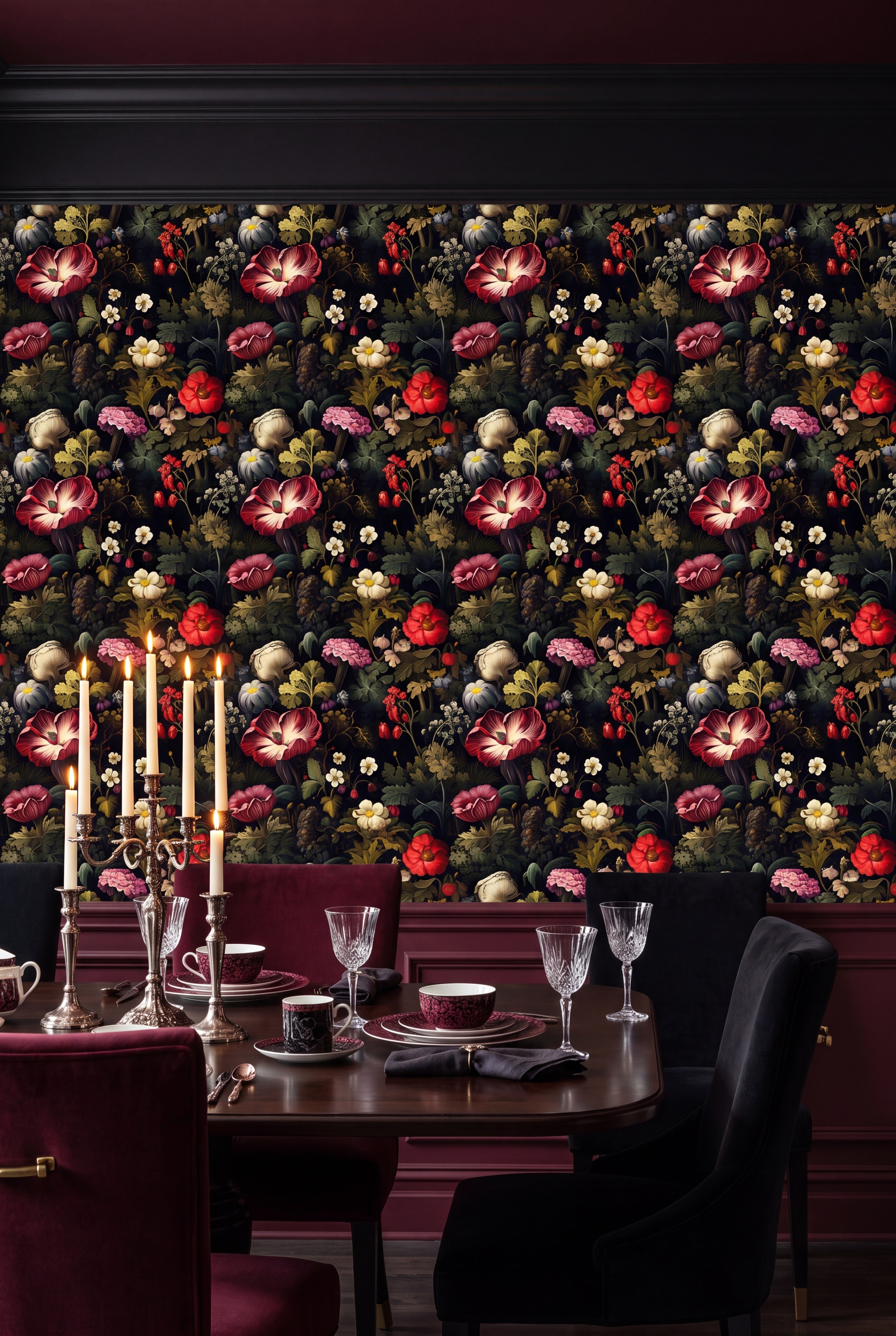 Luminous Dutch-style florals on a deep inky wallpaper in a dining room.