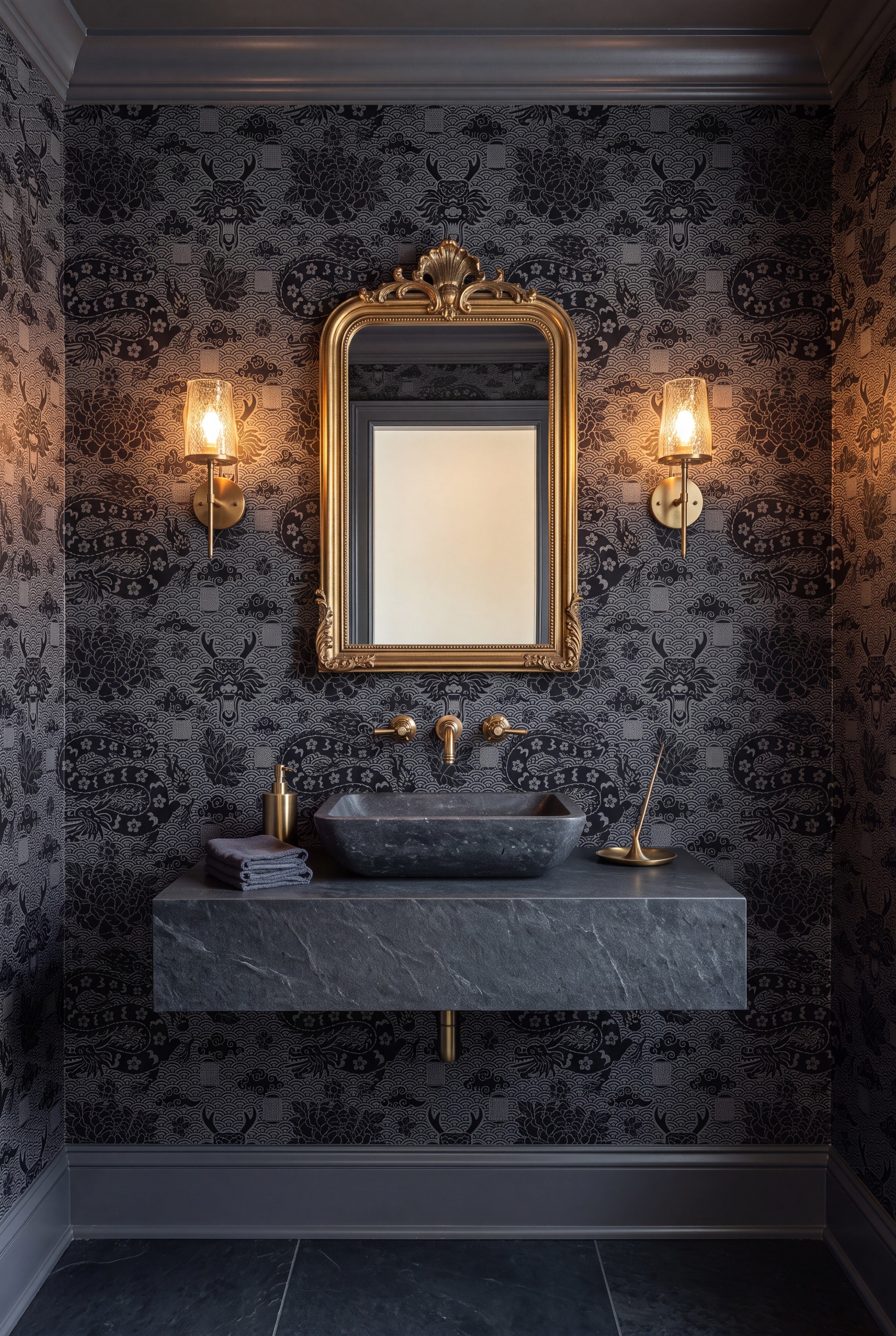 Tonal black dragon among waves and florals on dark wallpaper in a powder room.