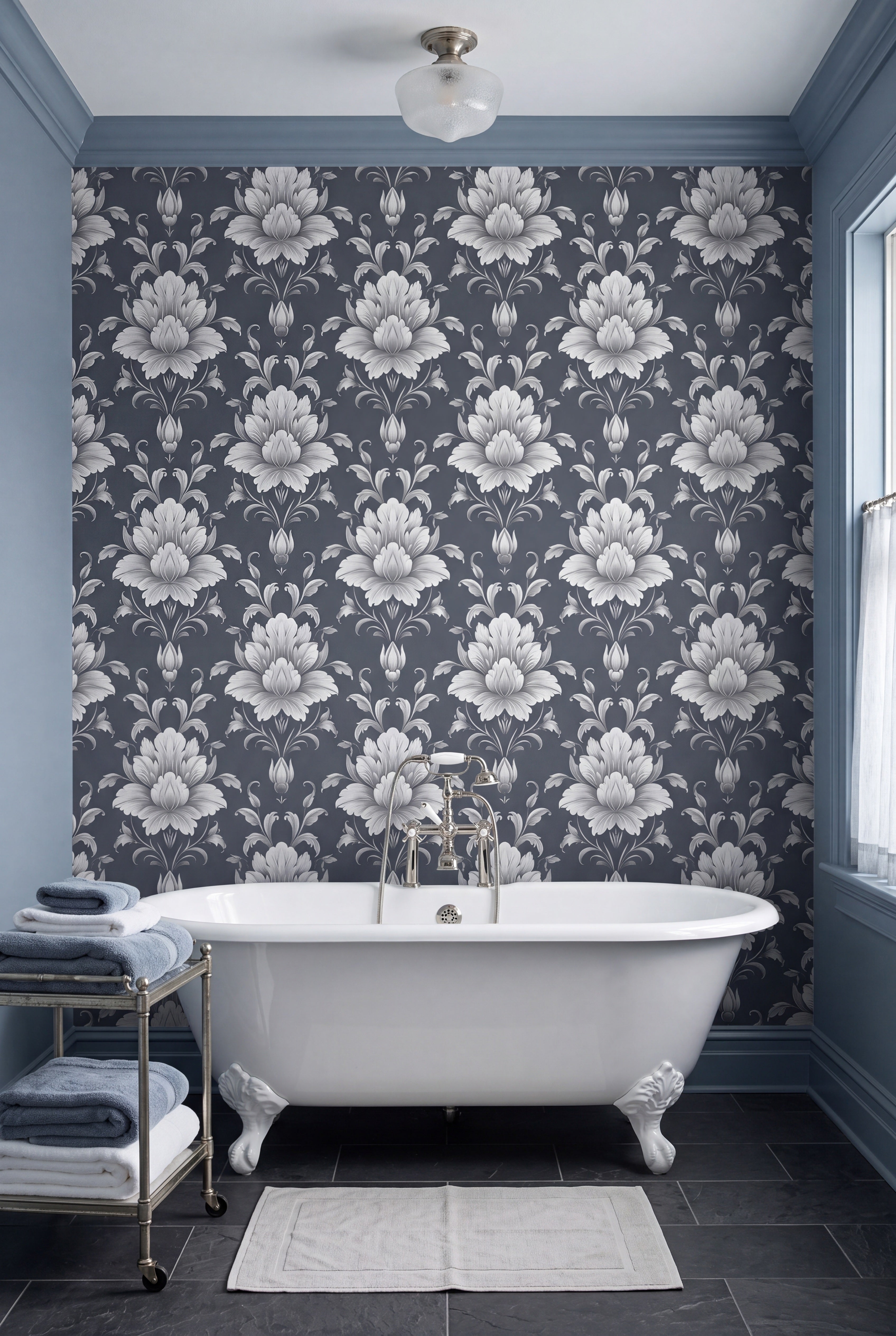 White damask florals on a soft grey wallpaper in a bathroom.