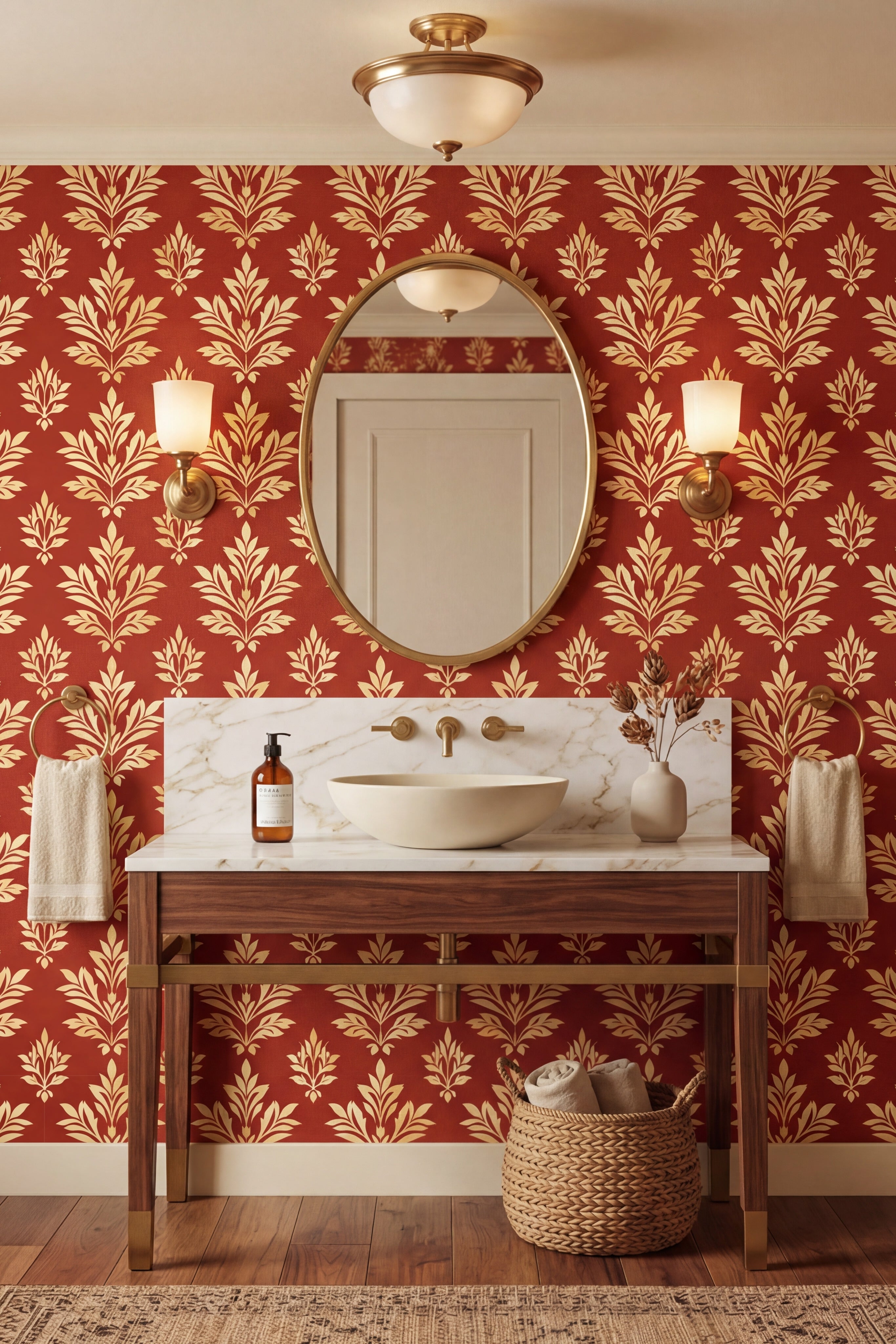 Golden damask motifs on a rust-red baroque wallpaper in a powder room.