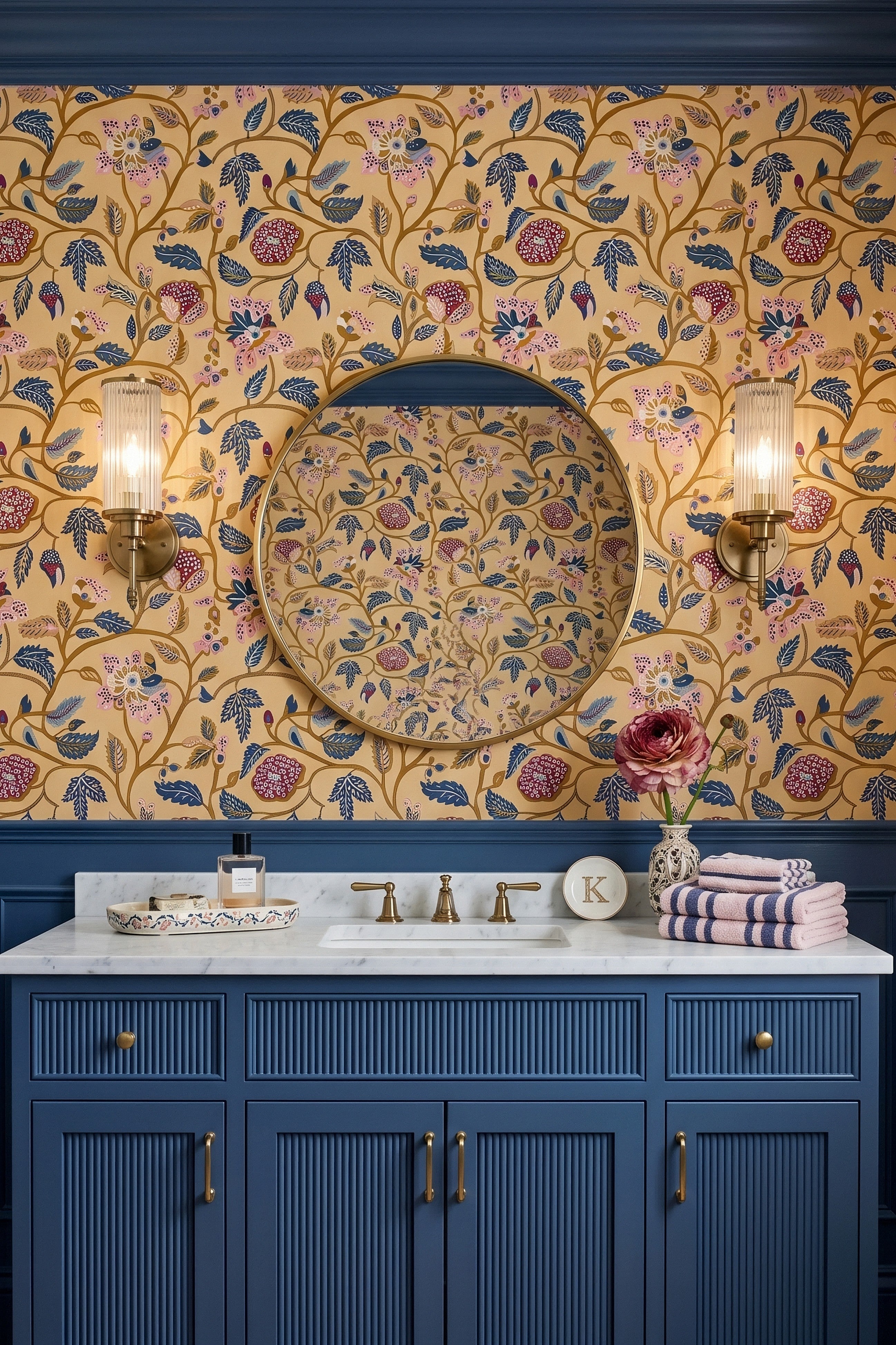 Navy and blush folk florals with trailing vines on wallpaper in a powder room.
