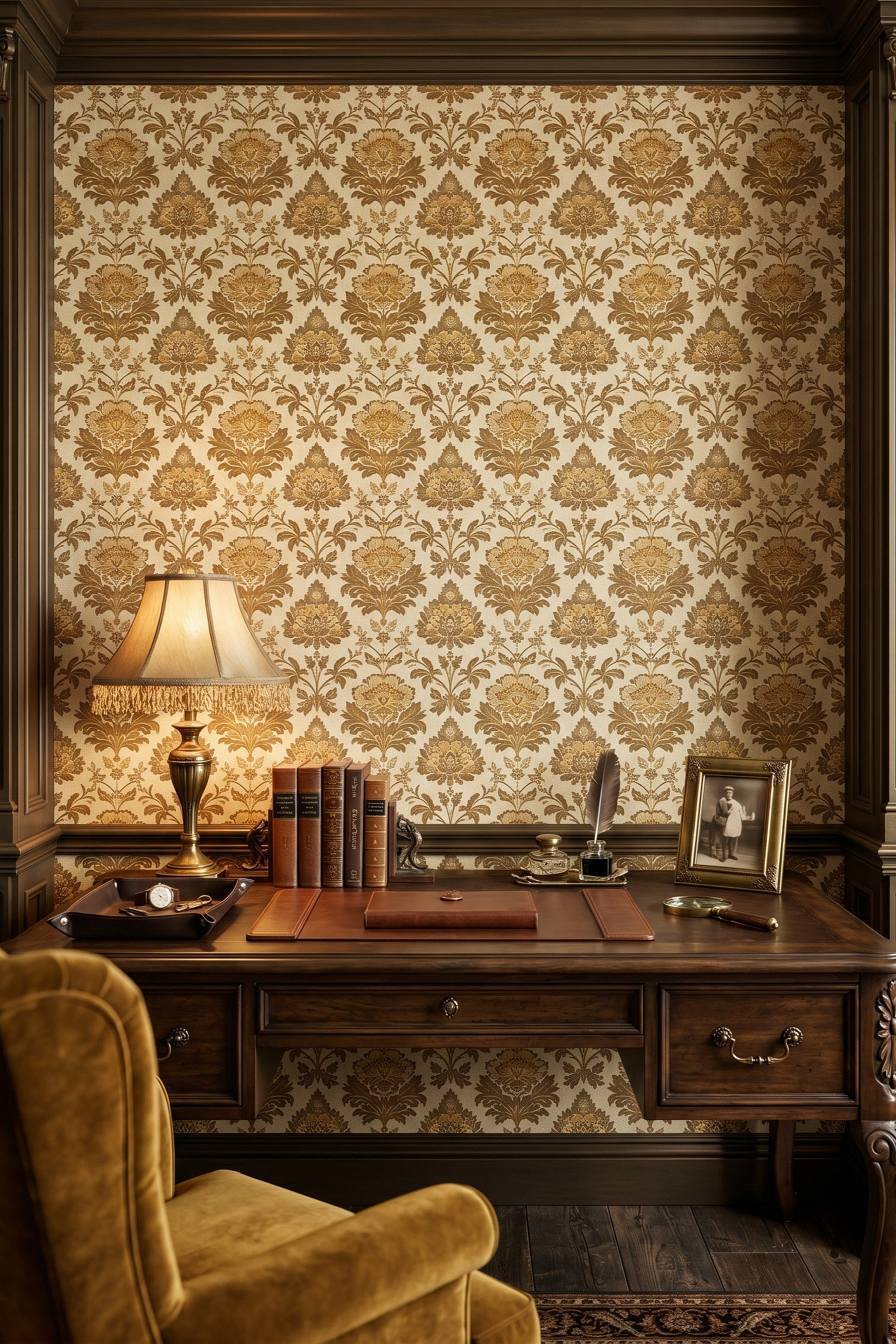 Gold baroque damask florals on ivory wallpaper in a home office.