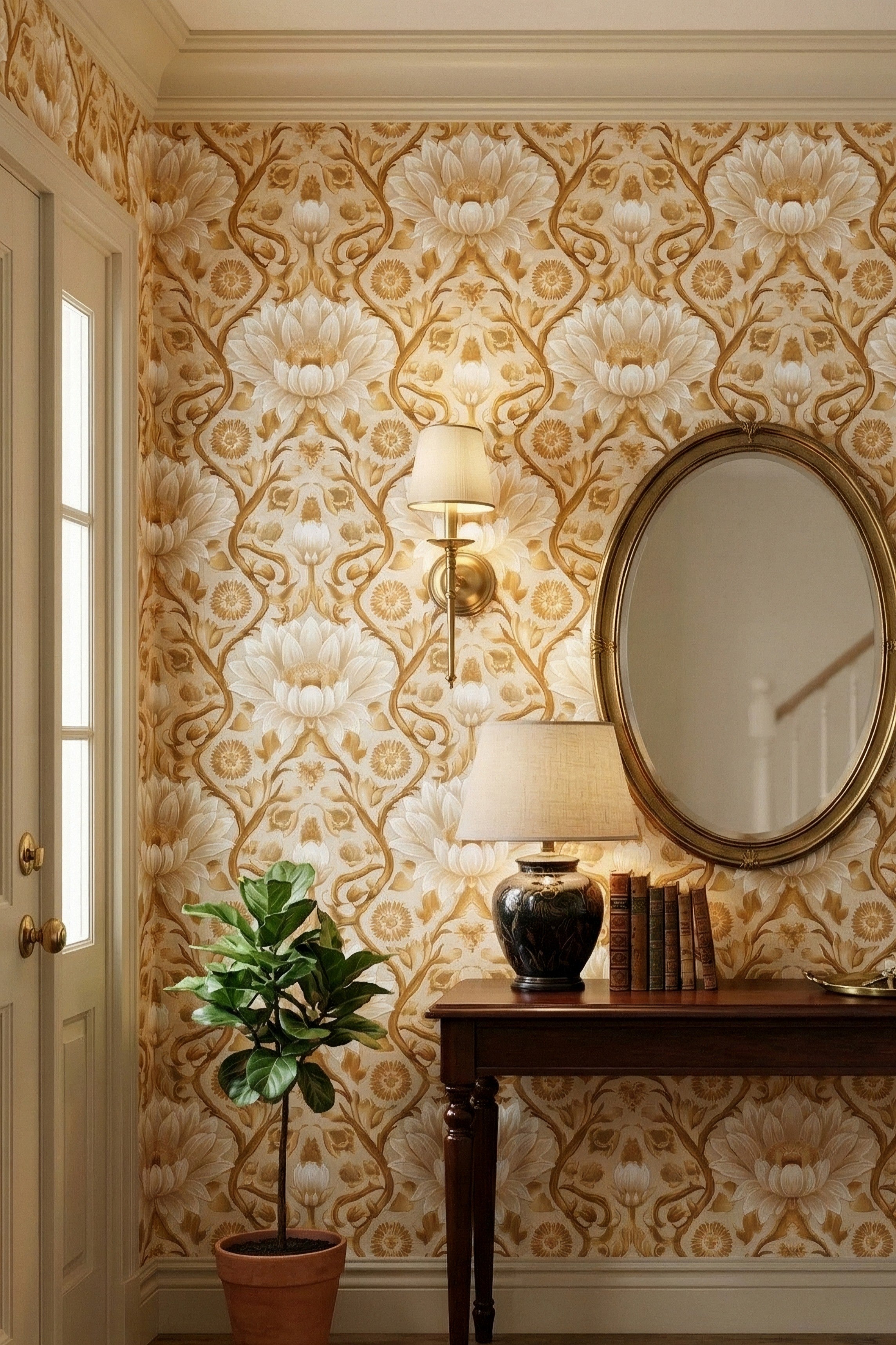 Gold lotus blossoms and vines on soft beige Art Nouveau wallpaper in an entryway.