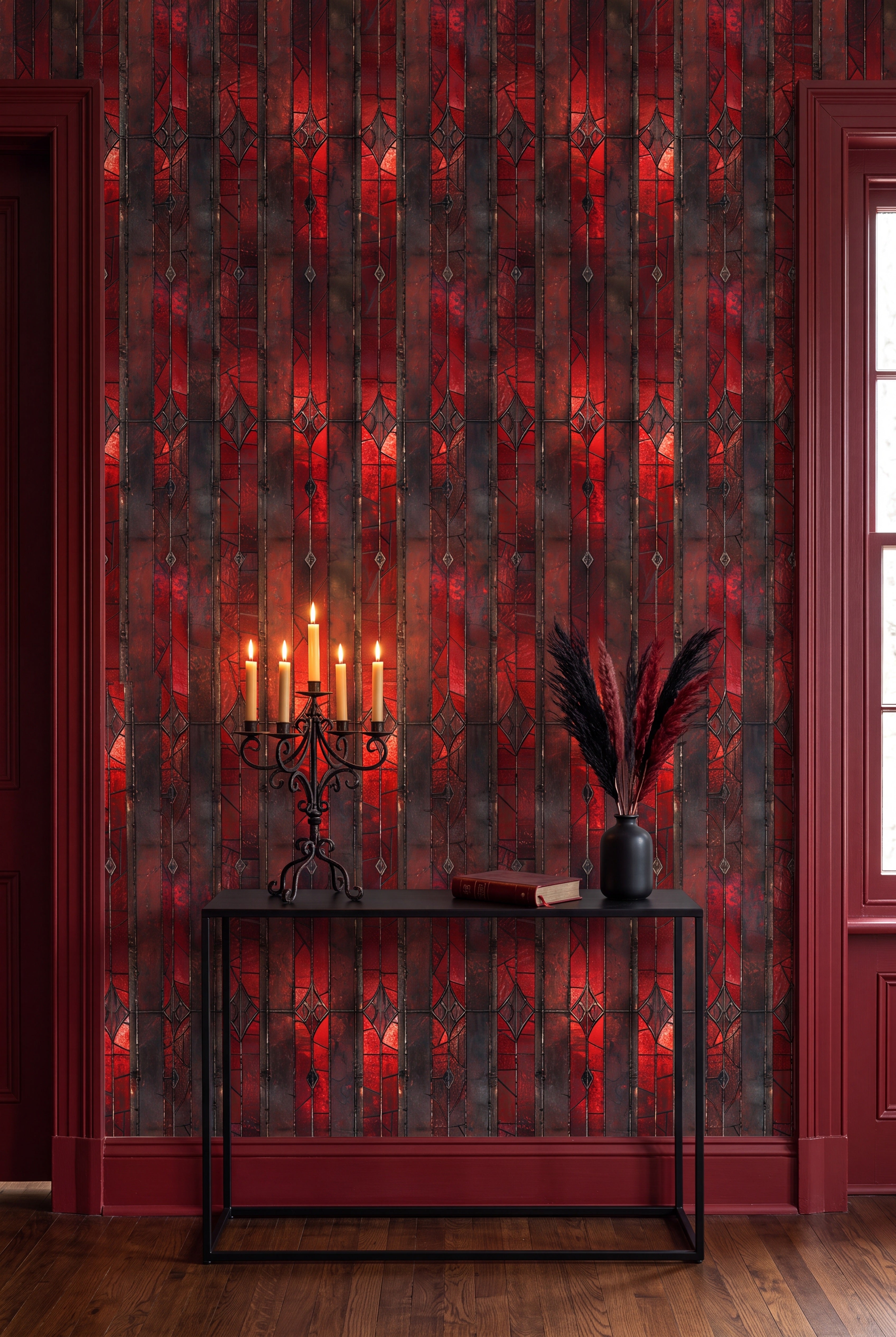 Deep ruby stained-glass panels with black leading on a wallpaper on an accent wall.