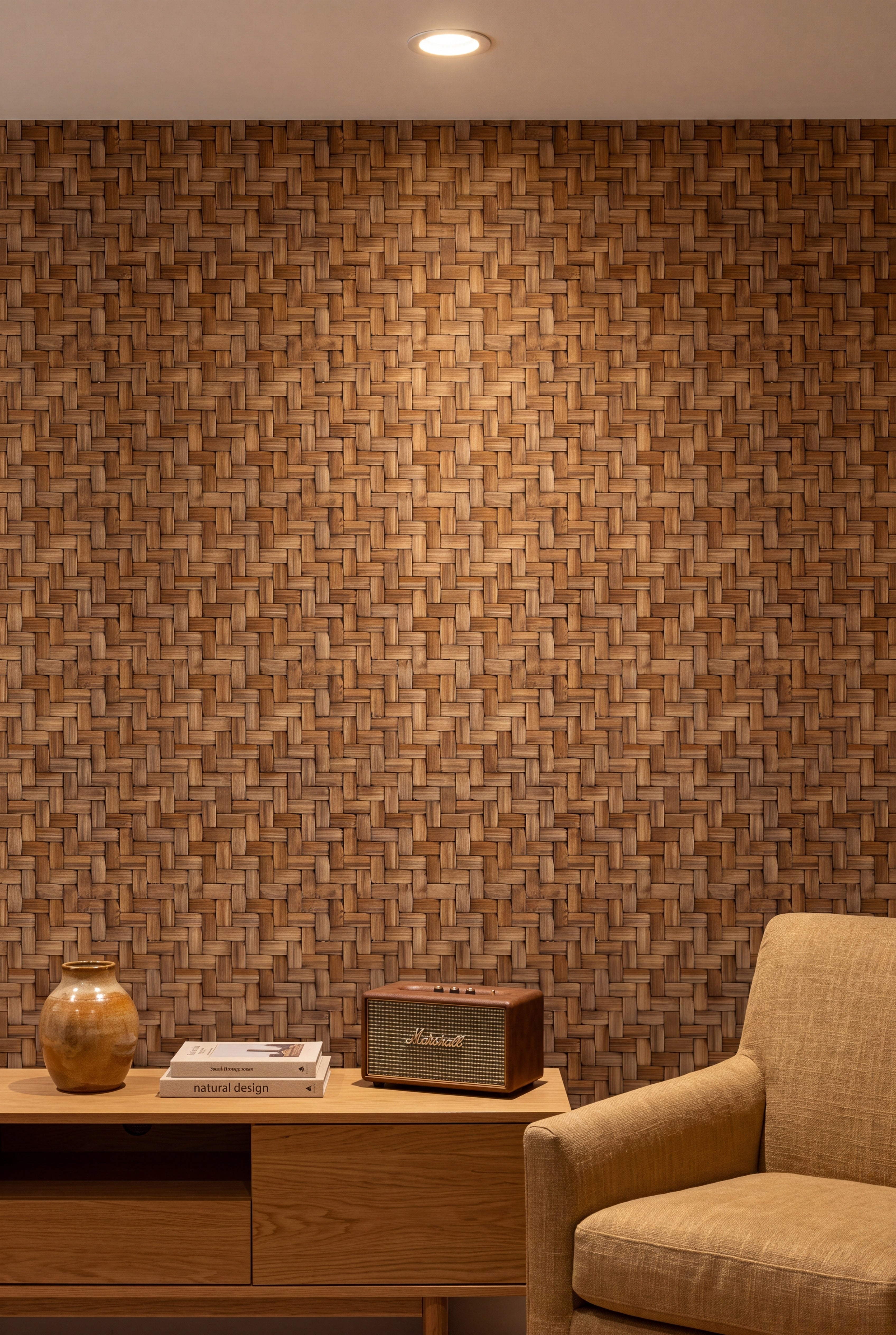Warm brown woven wicker-effect wallpaper in a media room.