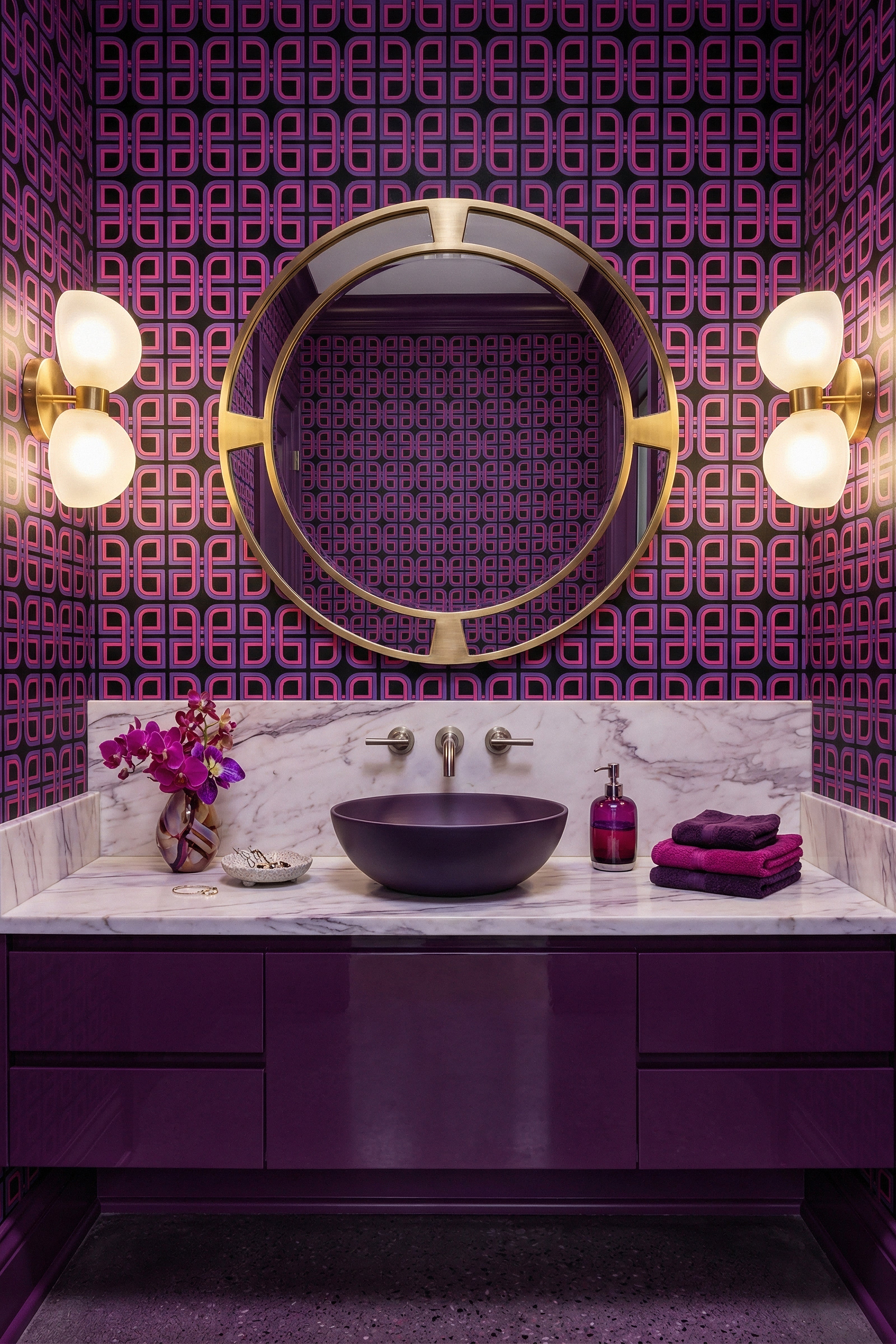 Magenta and purple geometric grid on black wallpaper in a powder room.