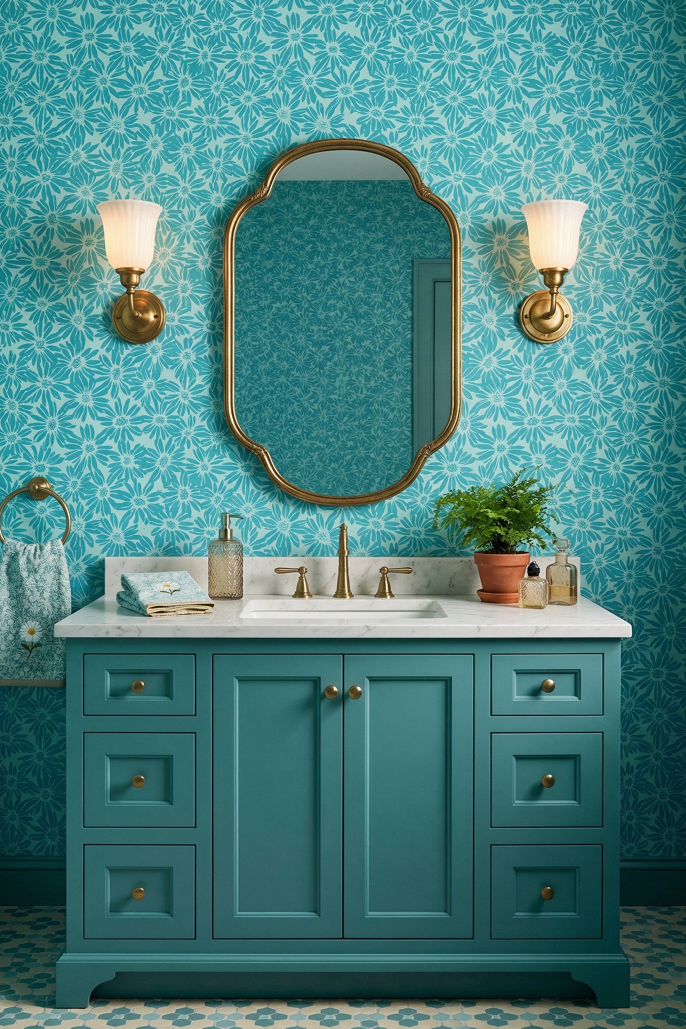 Teal daisies on a pale seafoam coastal wallpaper in a powder room.
