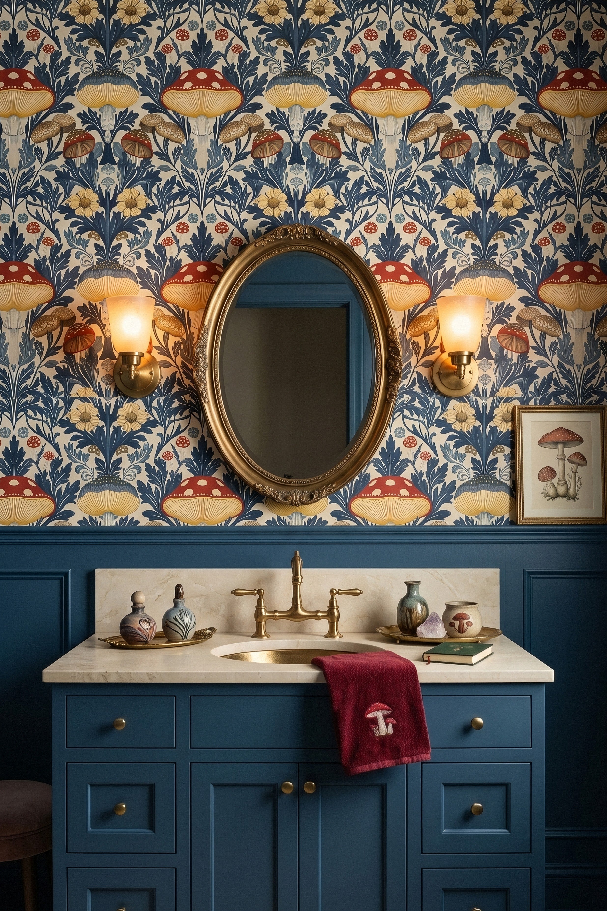 Green winding vines and heritage toadstools wallpaper in a powder room.