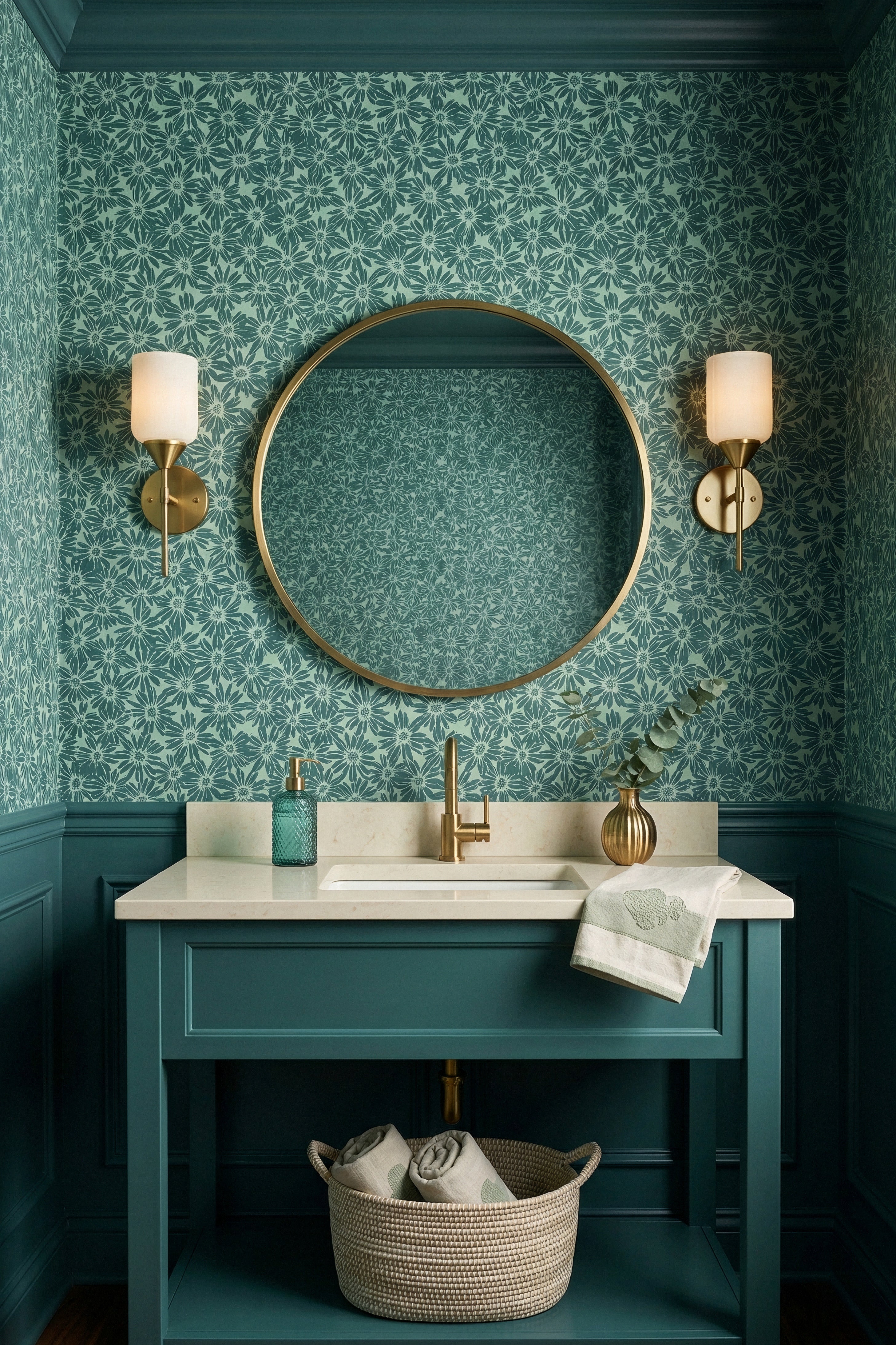 Deep sage daisies on a pale mint wallpaper in a powder room.