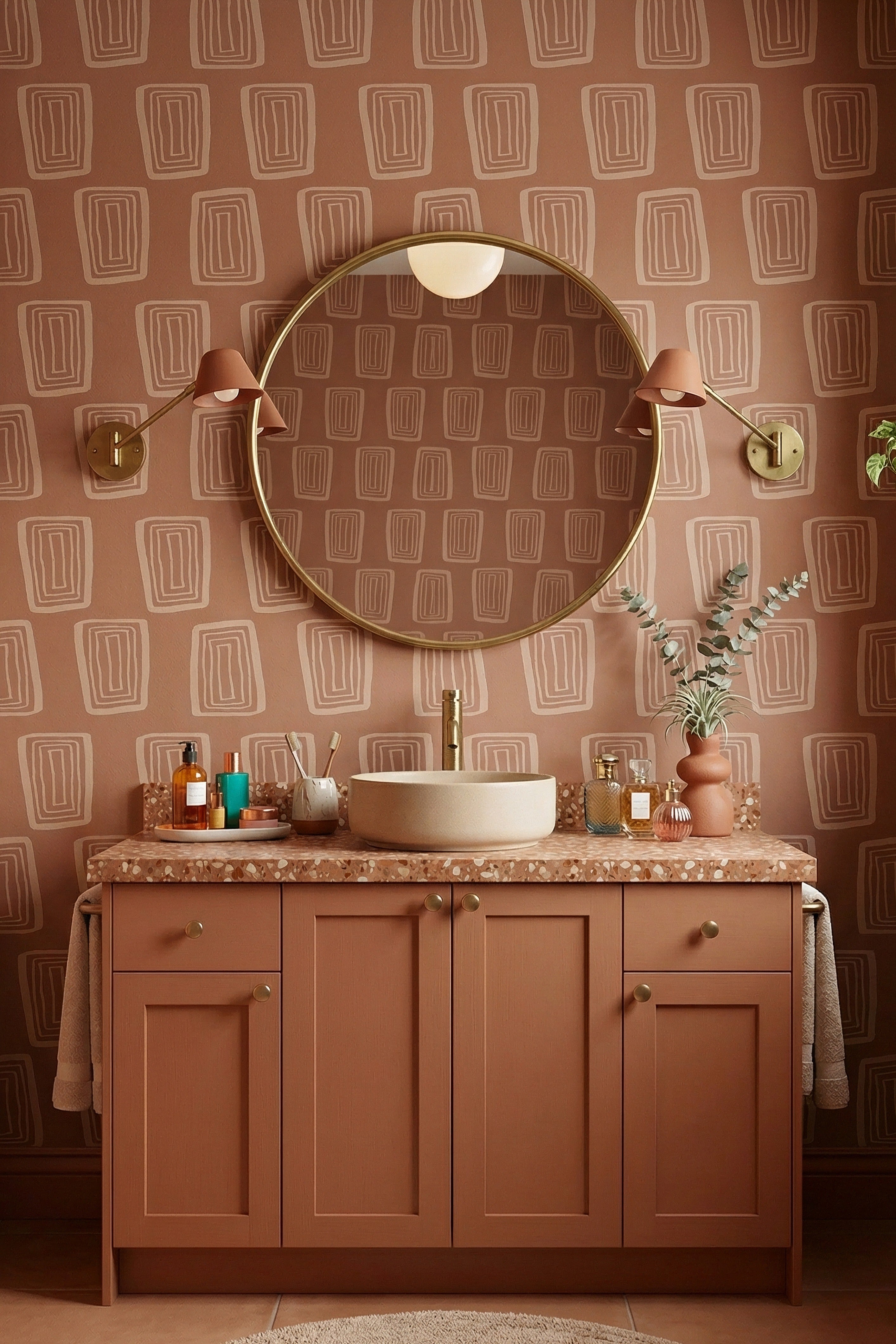 Blush concentric rectangles on a deep mocha wallpaper in a powder room.