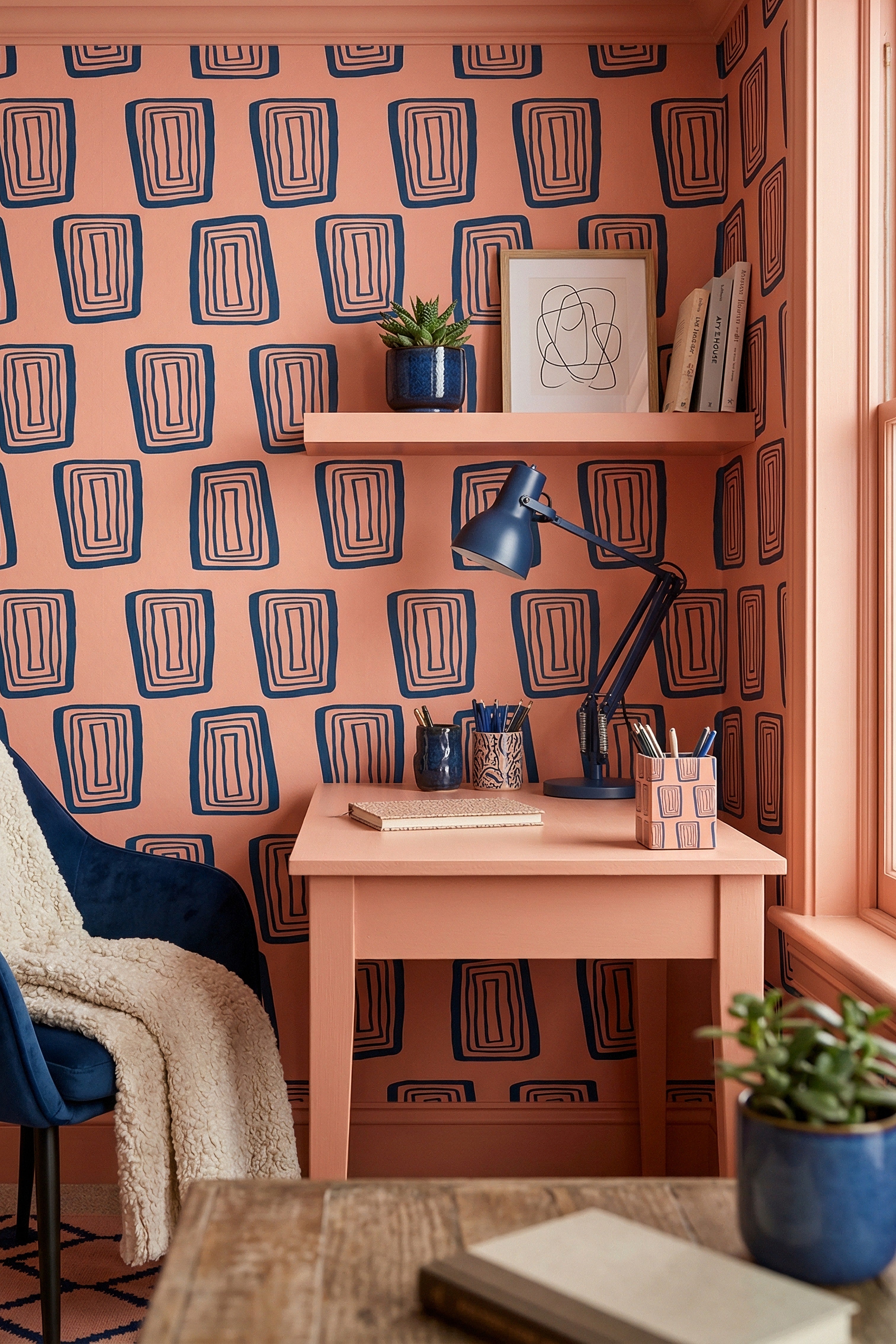 Deep navy concentric rectangles on coral wallpaper in a home office.