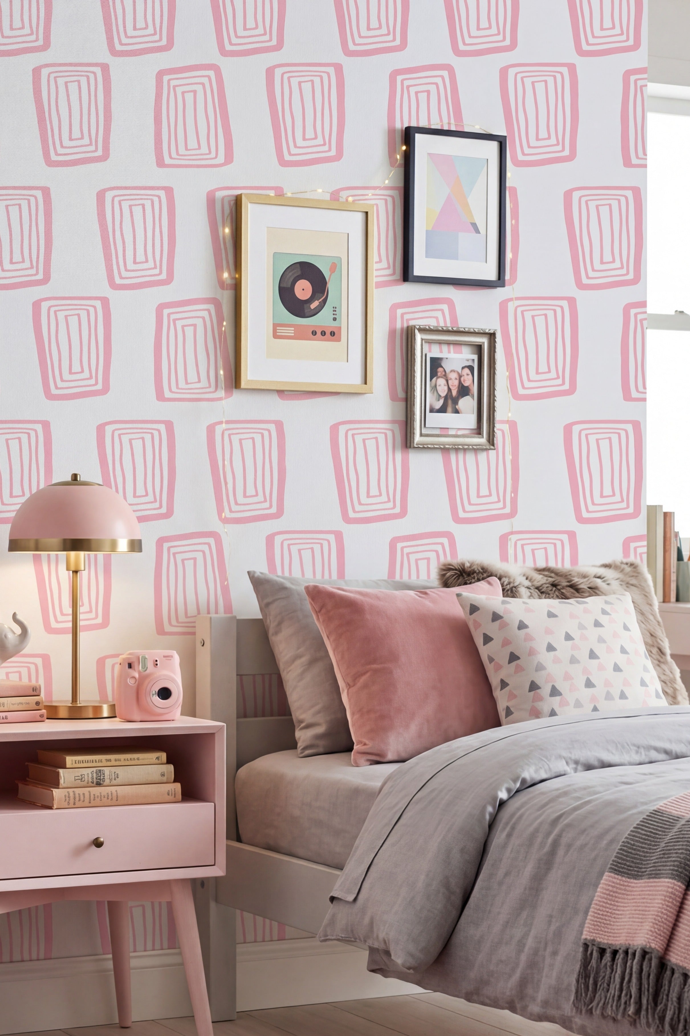 Soft pink rectangles on a pale gray retro wallpaper in a bedroom.