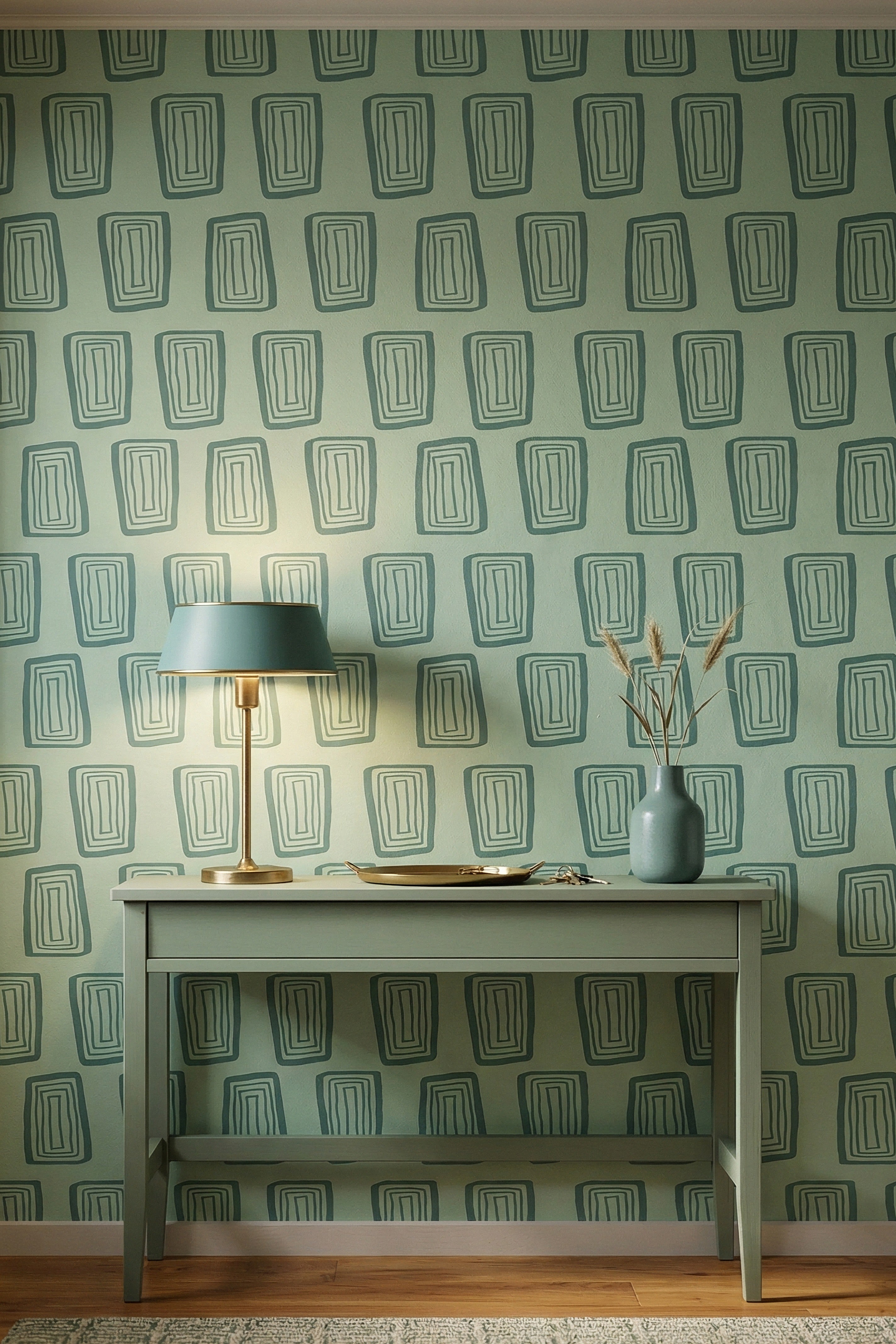 Deep green nested rectangles on a mint wallpaper in an entryway.