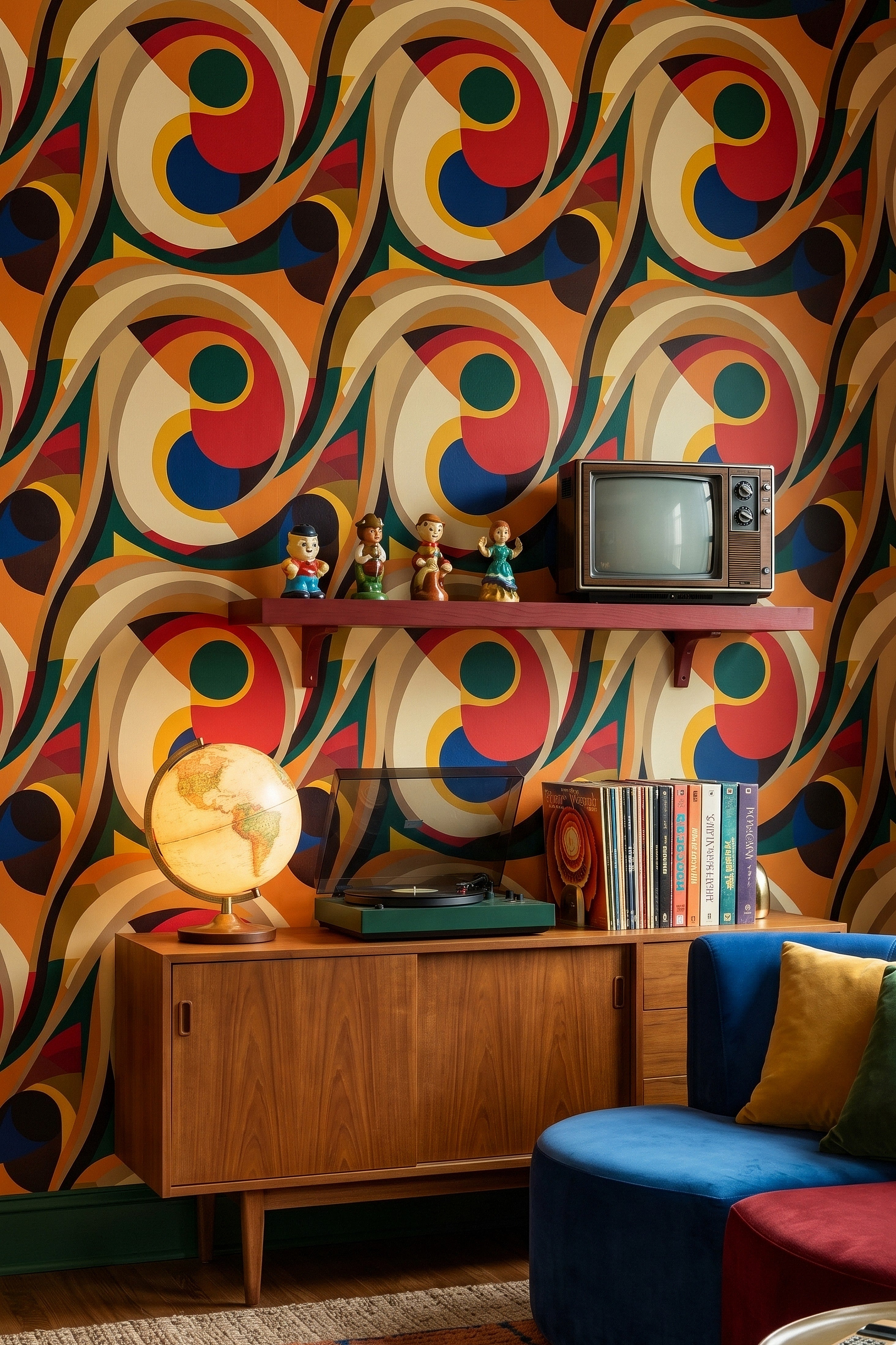 Bold retro seventies mod geometric shapes wallpaper in a media room.