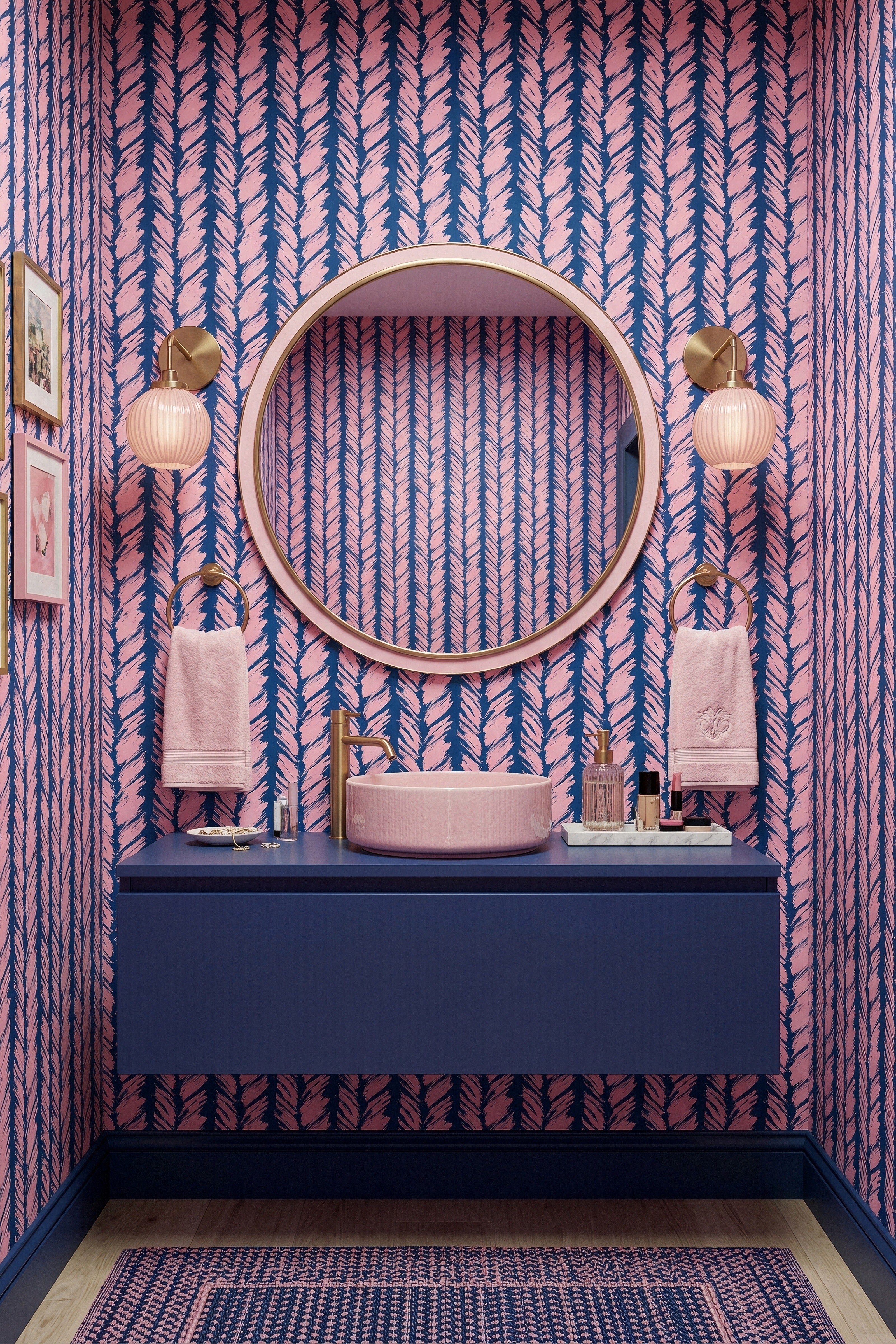 Broad pink stripes on a deep navy brushed wallpaper in a powder room.